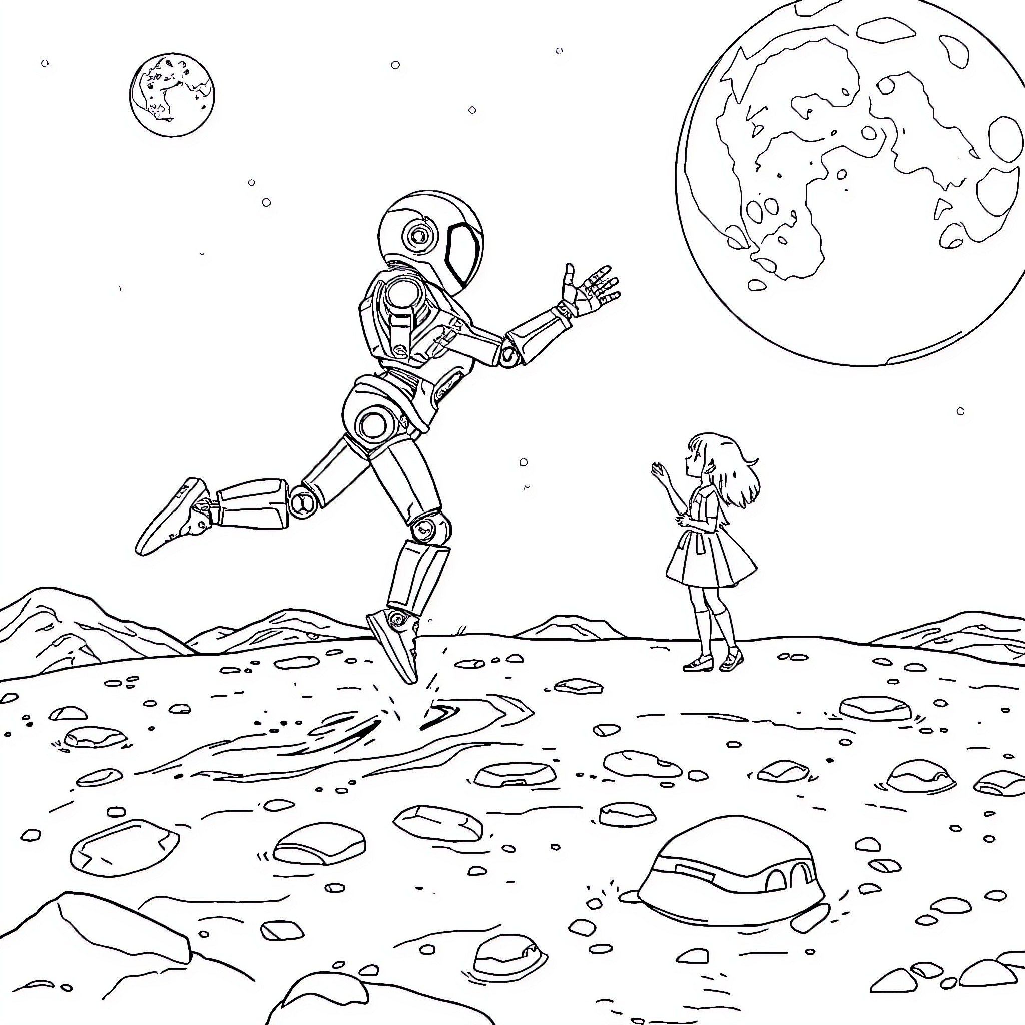 Robot astronaut exploring a distant planet with a human companion Coloring Page (free black-and-white line drawing printable PDF for all, from beginners to advanced learners, including children, teens, adults, and seniors)
