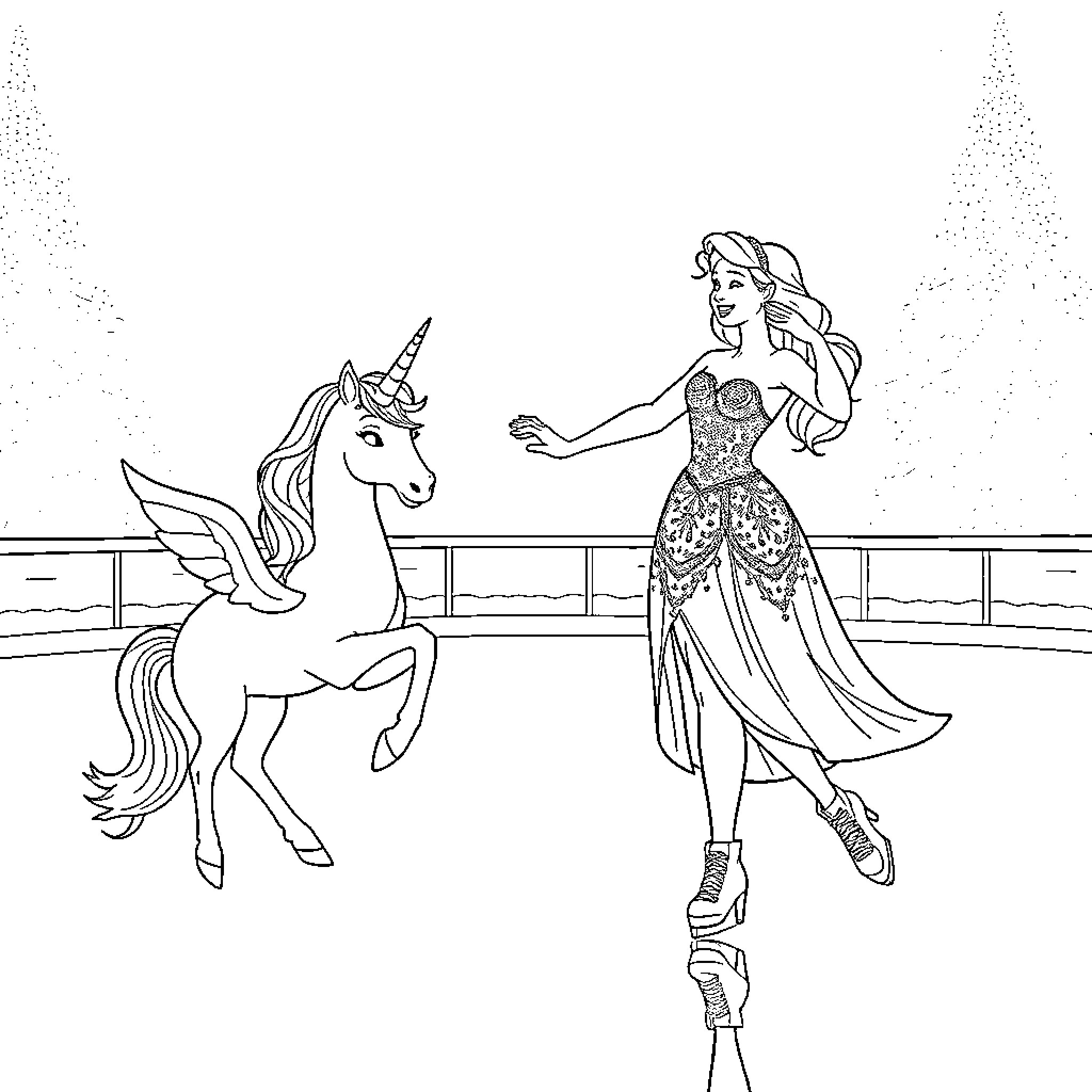 Princess dancing with a magical unicorn Coloring Page (free black-and-white line drawing printable PDF for all, from beginners to advanced learners, including children, teens, adults, and seniors)