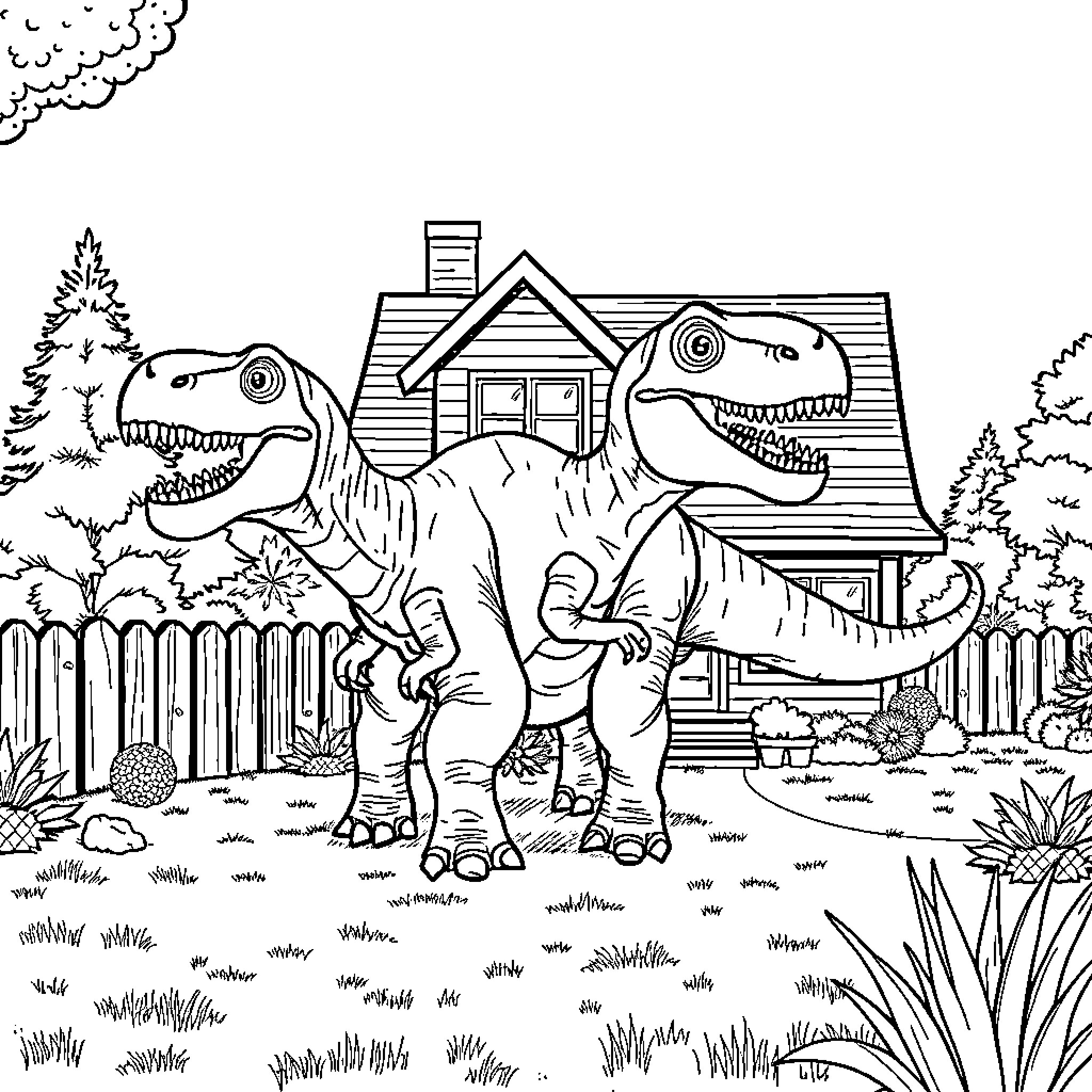 Dinosaurs exploring a backyard neighborhood Coloring Page (free black-and-white line drawing printable PDF for all, from beginners to advanced learners, including children, teens, adults, and seniors)