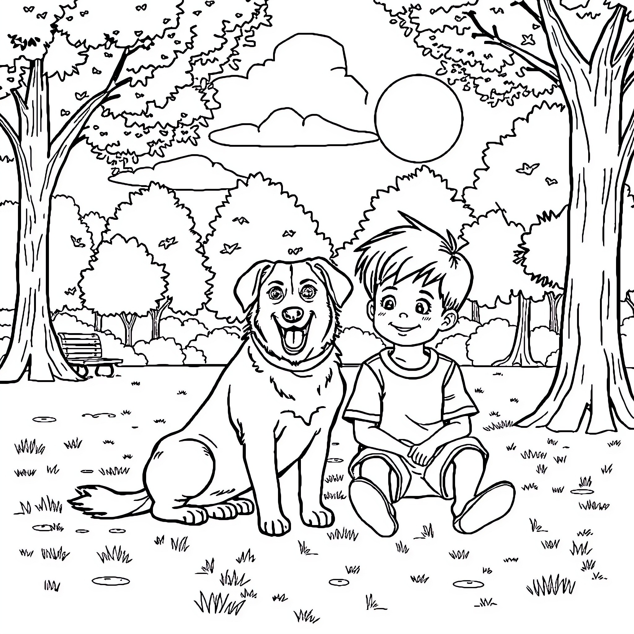 Dog and Boy Enjoying Outdoor Adventure Coloring Page (free black-and-white line drawing printable PDF for all, from beginners to advanced learners, including children, teens, adults, and seniors)