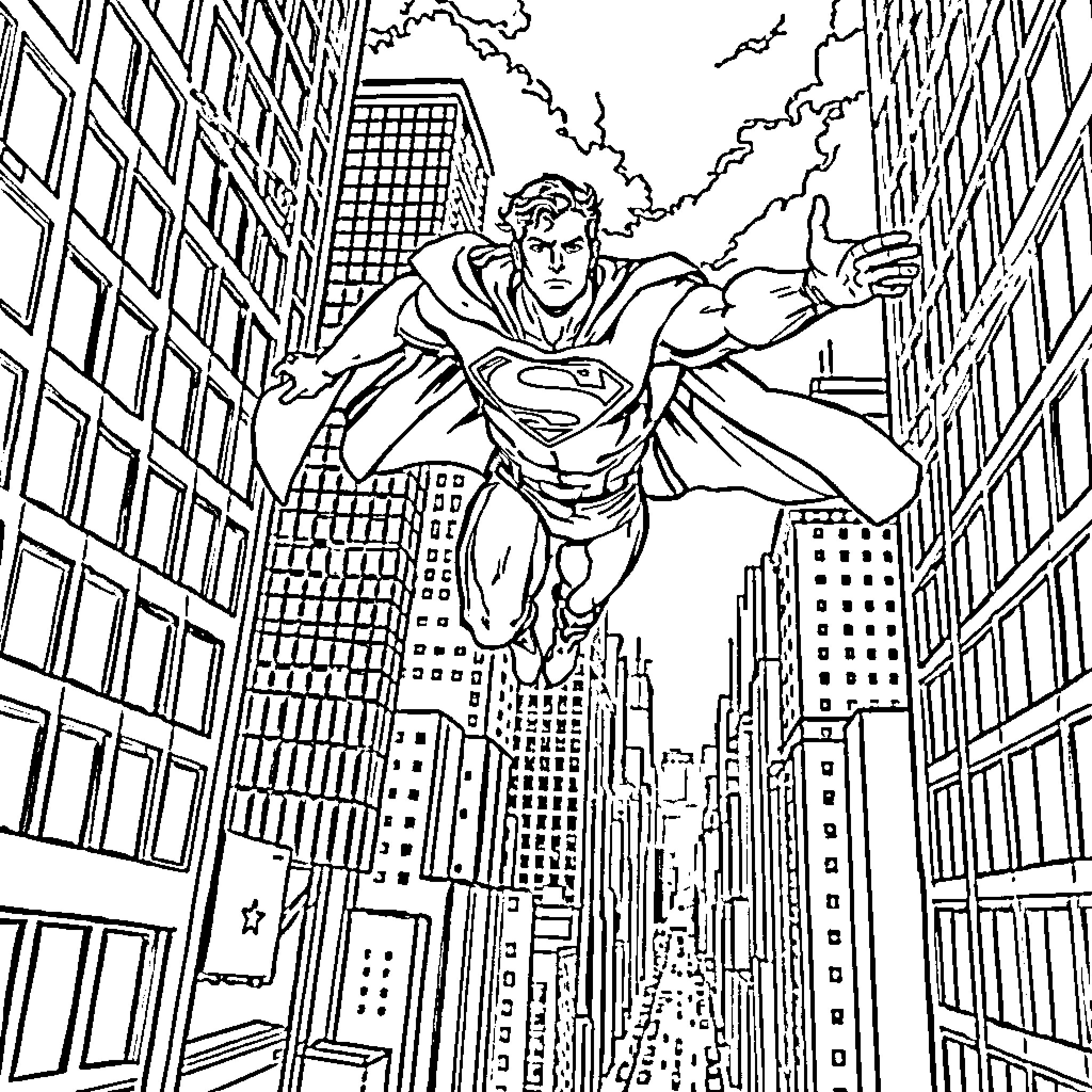 Superman flying heroically through a city canyon Coloring Page (free black-and-white line drawing printable PDF for all, from beginners to advanced learners, including children, teens, adults, and seniors)