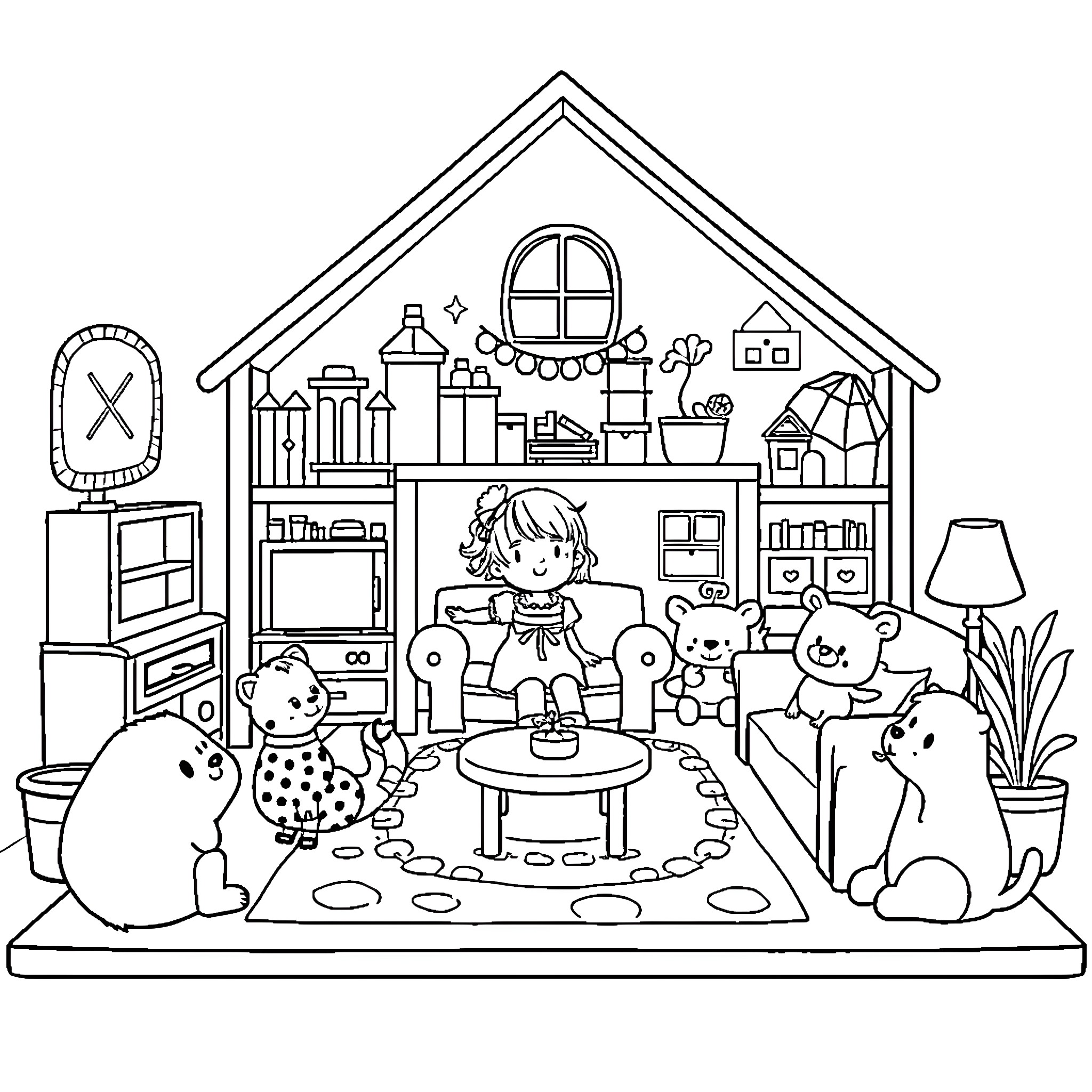 Gabby's Dollhouse with Friends Playing Together Coloring Page (free black-and-white line drawing printable PDF for all, from beginners to advanced learners, including children, teens, adults, and seniors)
