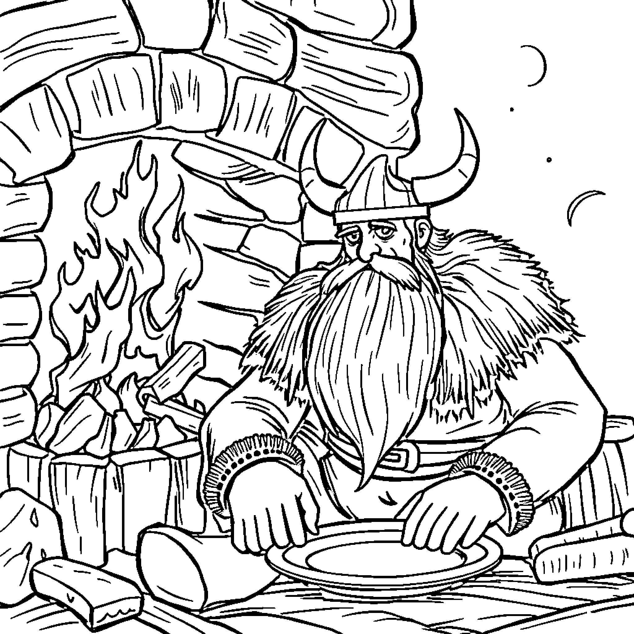 Viking warrior feasting by the fireplace Coloring Page (free black-and-white line drawing printable PDF for all, from beginners to advanced learners, including children, teens, adults, and seniors)