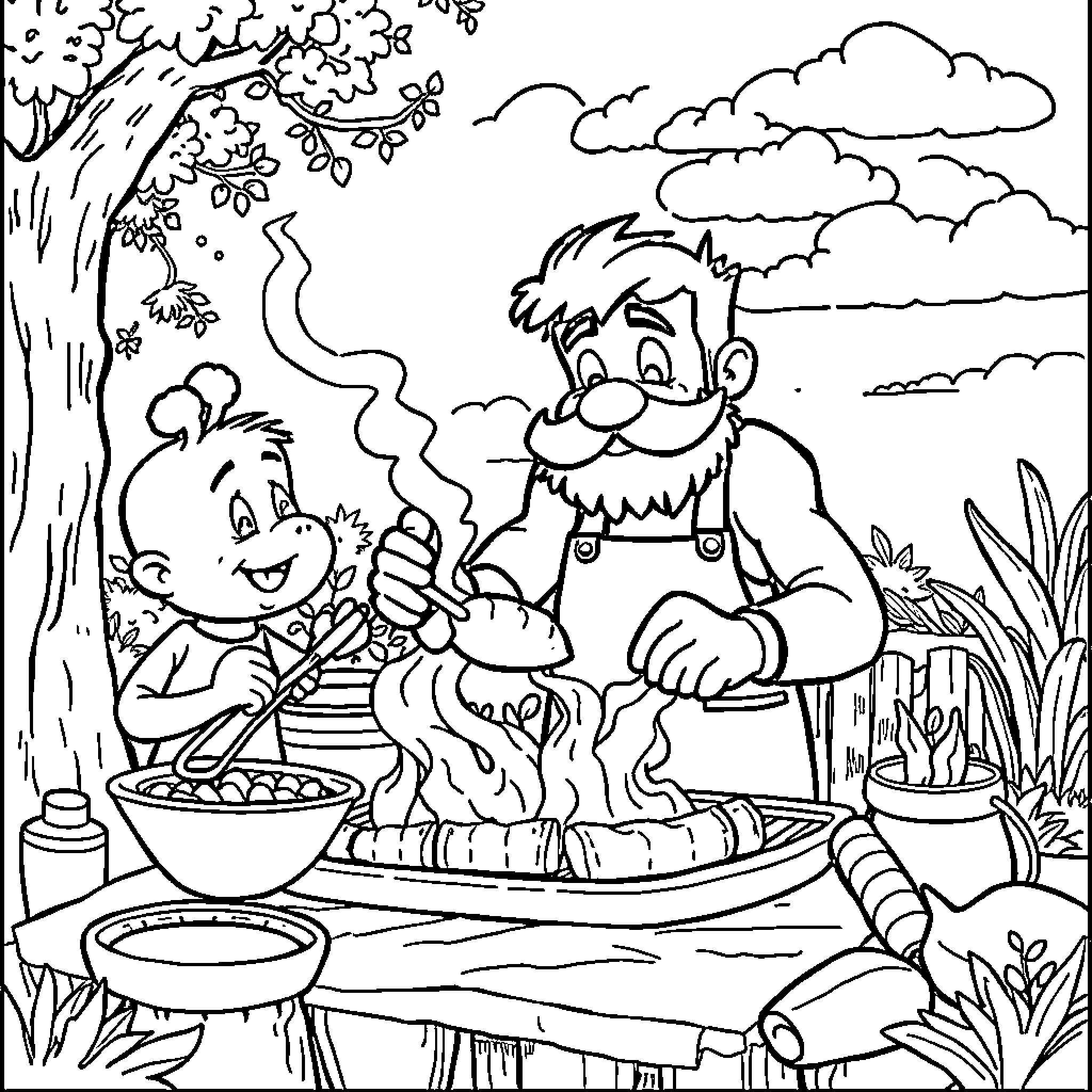 Snoppi's Outdoor Cooking Adventure Coloring Page (free black-and-white line drawing printable PDF for all, from beginners to advanced learners, including children, teens, adults, and seniors)