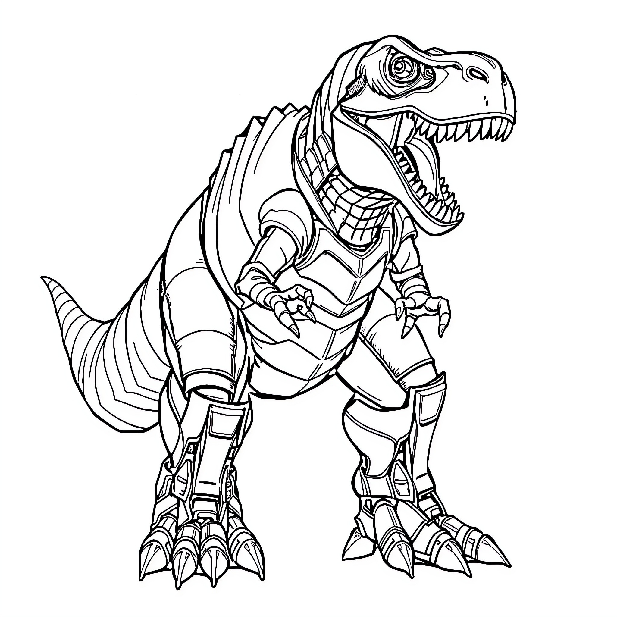 T-Rex Mechanical Warrior in Action Coloring Page (free black-and-white line drawing printable PDF for all, from beginners to advanced learners, including children, teens, adults, and seniors)