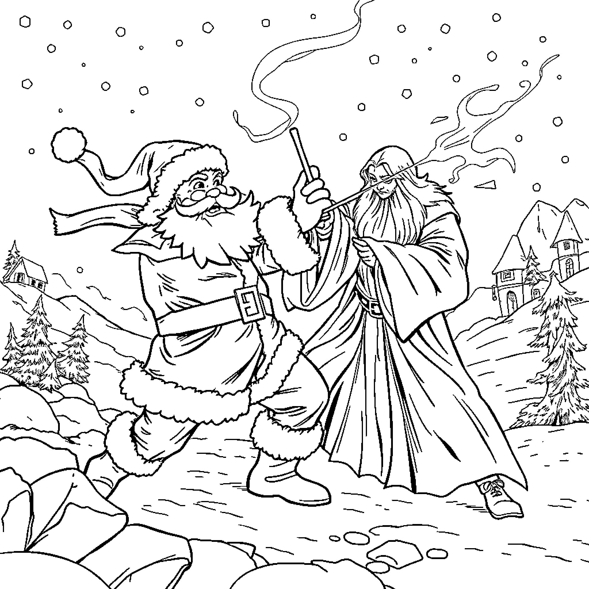 Santa and Wizard Dueling in Snowy Landscape Coloring Page (free black-and-white line drawing printable PDF for all, from beginners to advanced learners, including children, teens, adults, and seniors)
