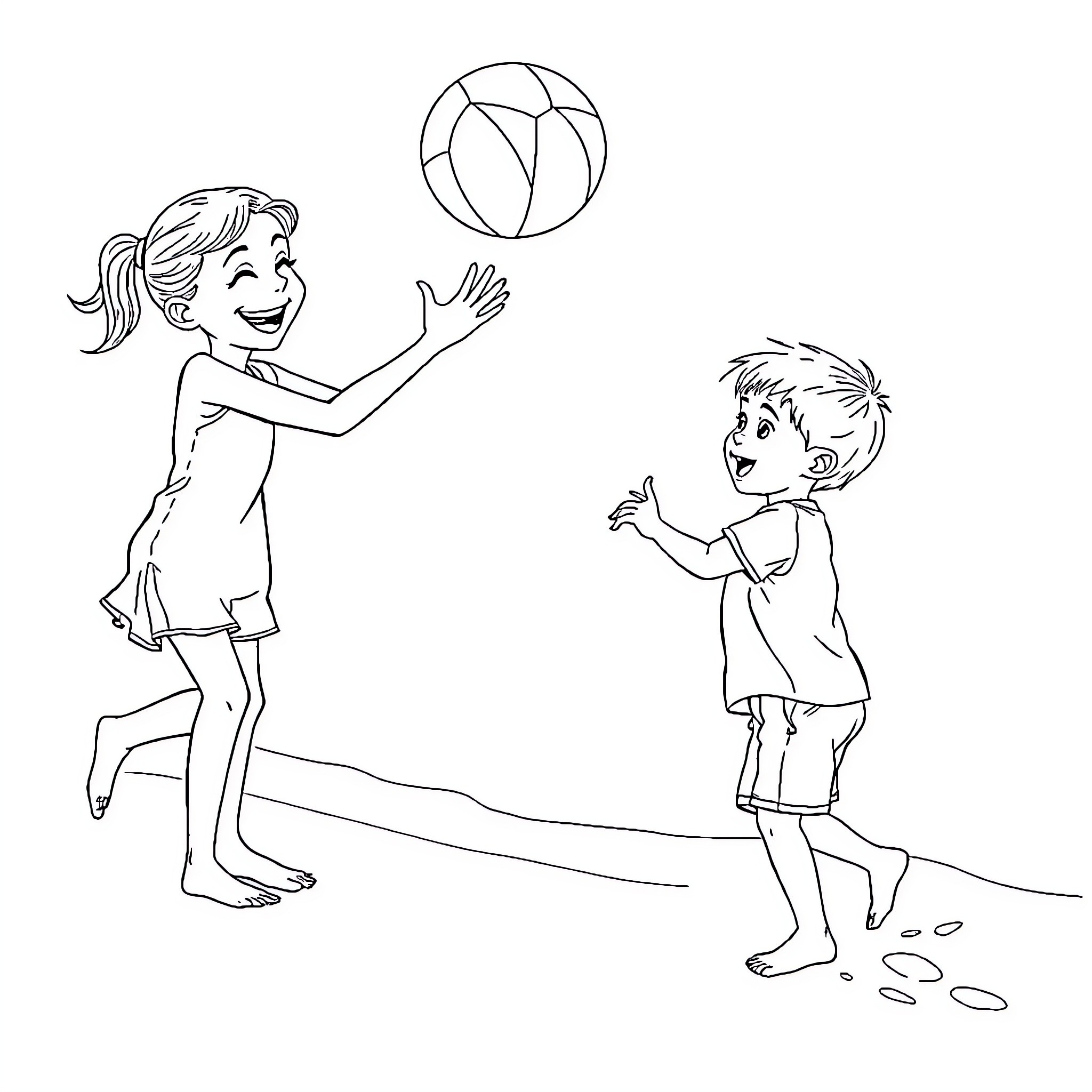 Child playing with beach ball on summer day Coloring Page (free black-and-white line drawing printable PDF for all, from beginners to advanced learners, including children, teens, adults, and seniors)