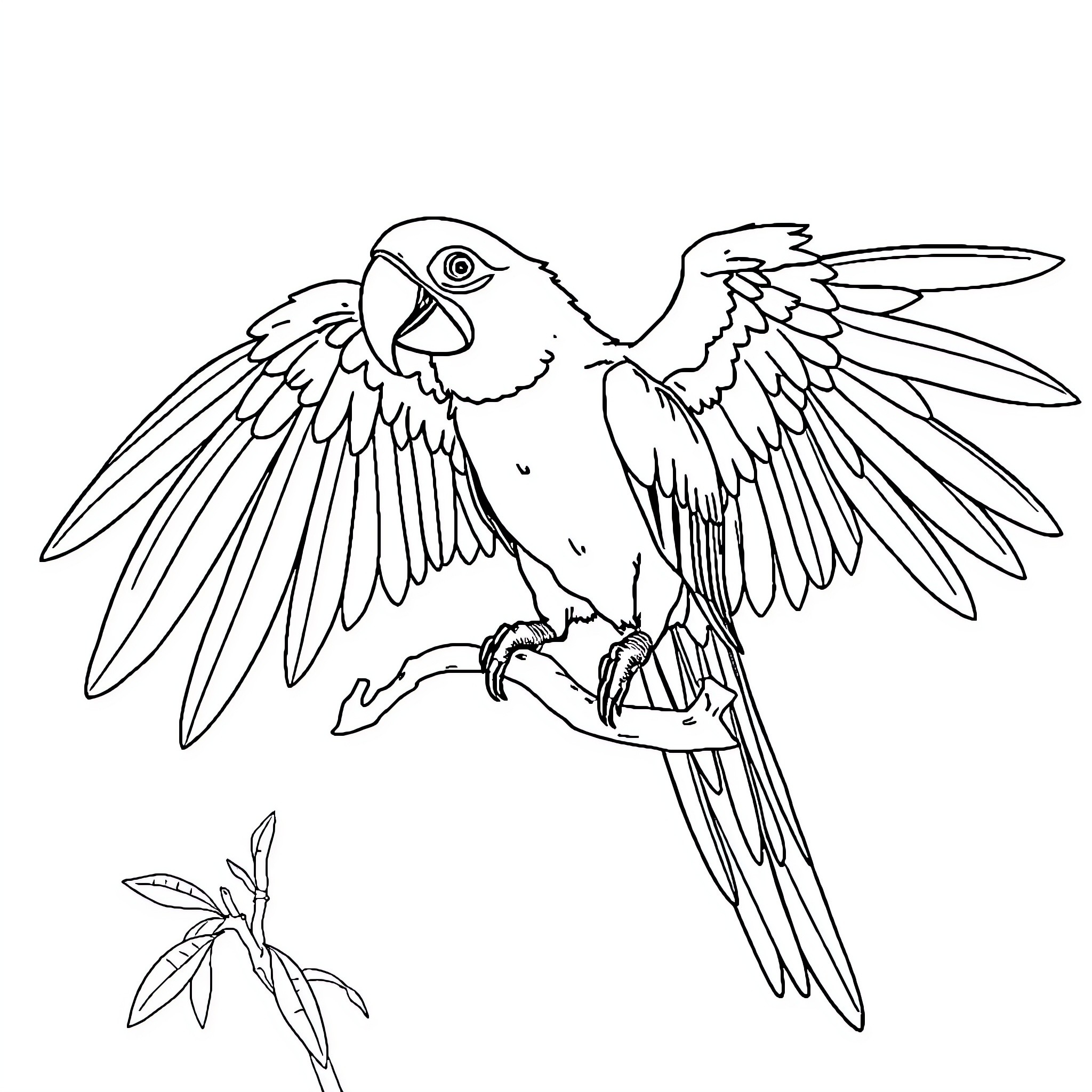 Hyacinth Macaw soaring amidst tropical foliage Coloring Page (free black-and-white line drawing printable PDF for all, from beginners to advanced learners, including children, teens, adults, and seniors)