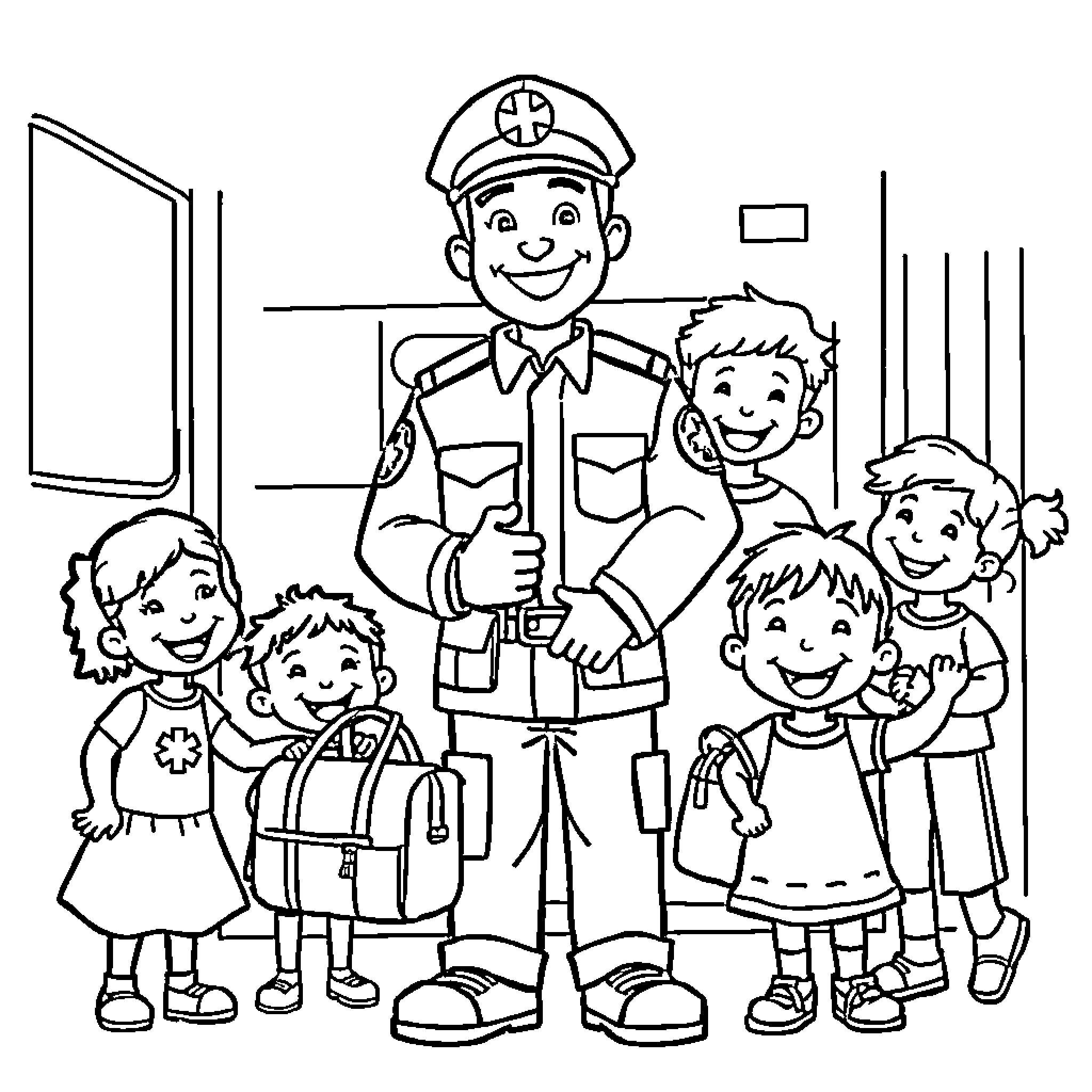 Paramedic assisting and interacting with happy children Coloring Page (free black-and-white line drawing printable PDF for all, from beginners to advanced learners, including children, teens, adults, and seniors)