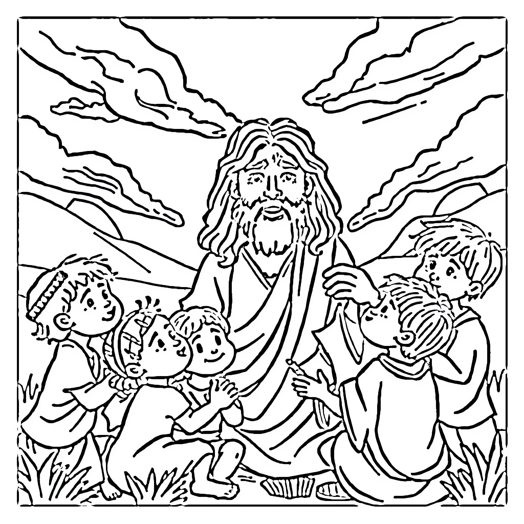Jesus Surrounded by Children in Nature Coloring Page (free black-and-white line drawing printable PDF for all, from beginners to advanced learners, including children, teens, adults, and seniors)