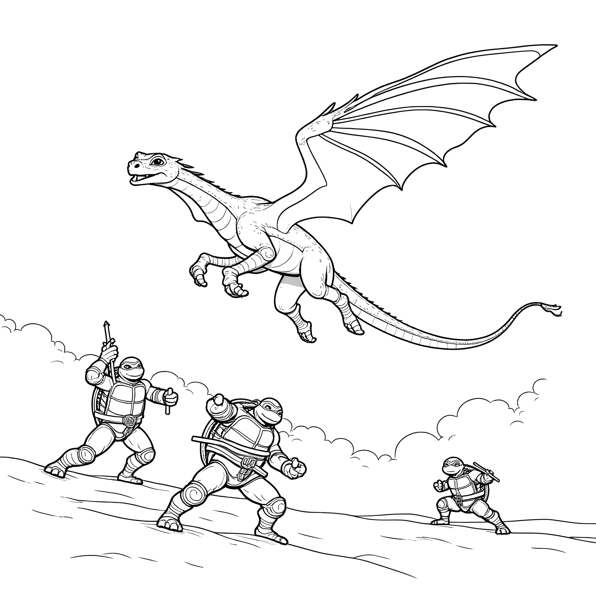 Dragon soaring over warriors in battle Coloring Page (free black-and-white line drawing printable PDF for all, from beginners to advanced learners, including children, teens, adults, and seniors)