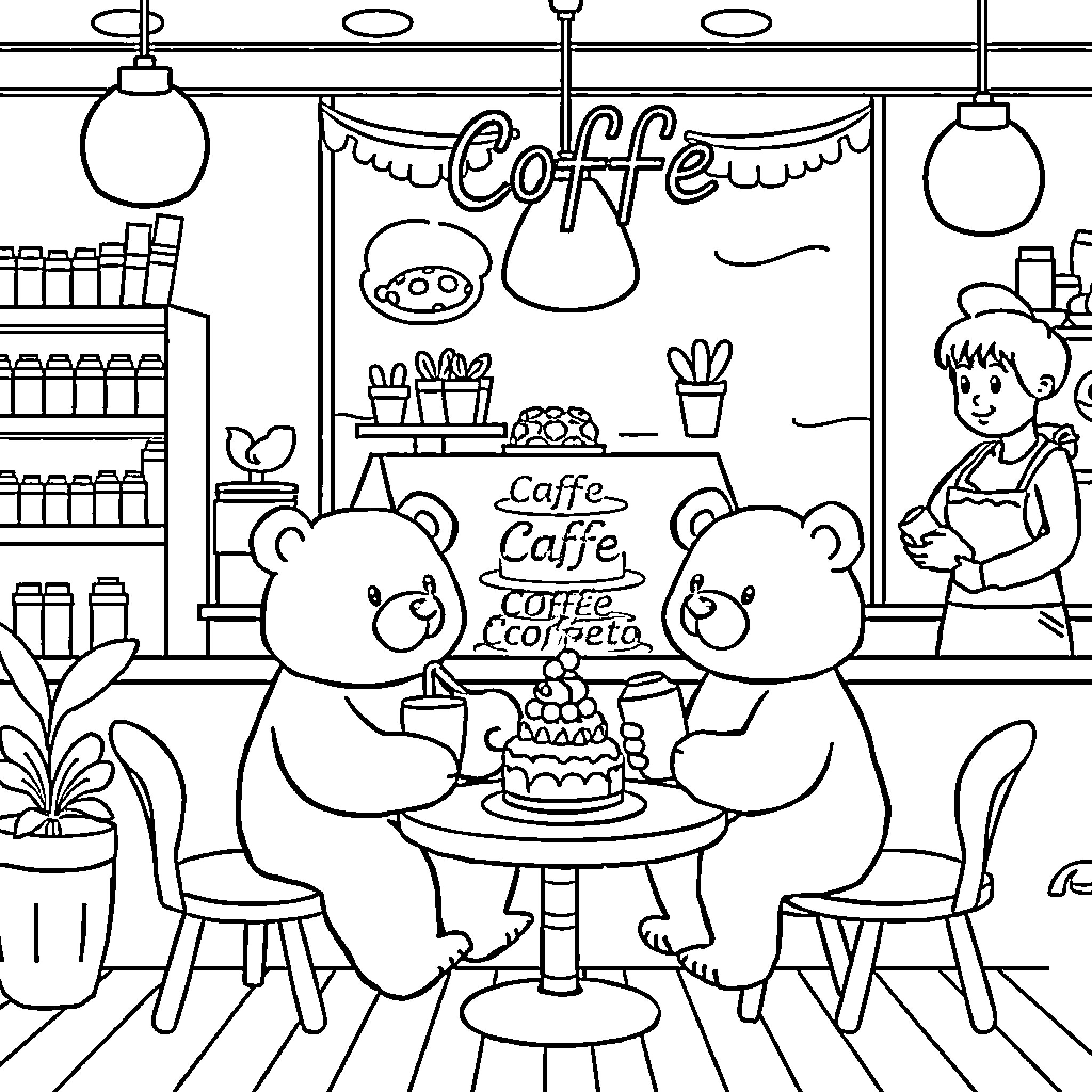 Bear friends enjoy coffee at cafe Coloring Page (free black-and-white line drawing printable PDF for all, from beginners to advanced learners, including children, teens, adults, and seniors)