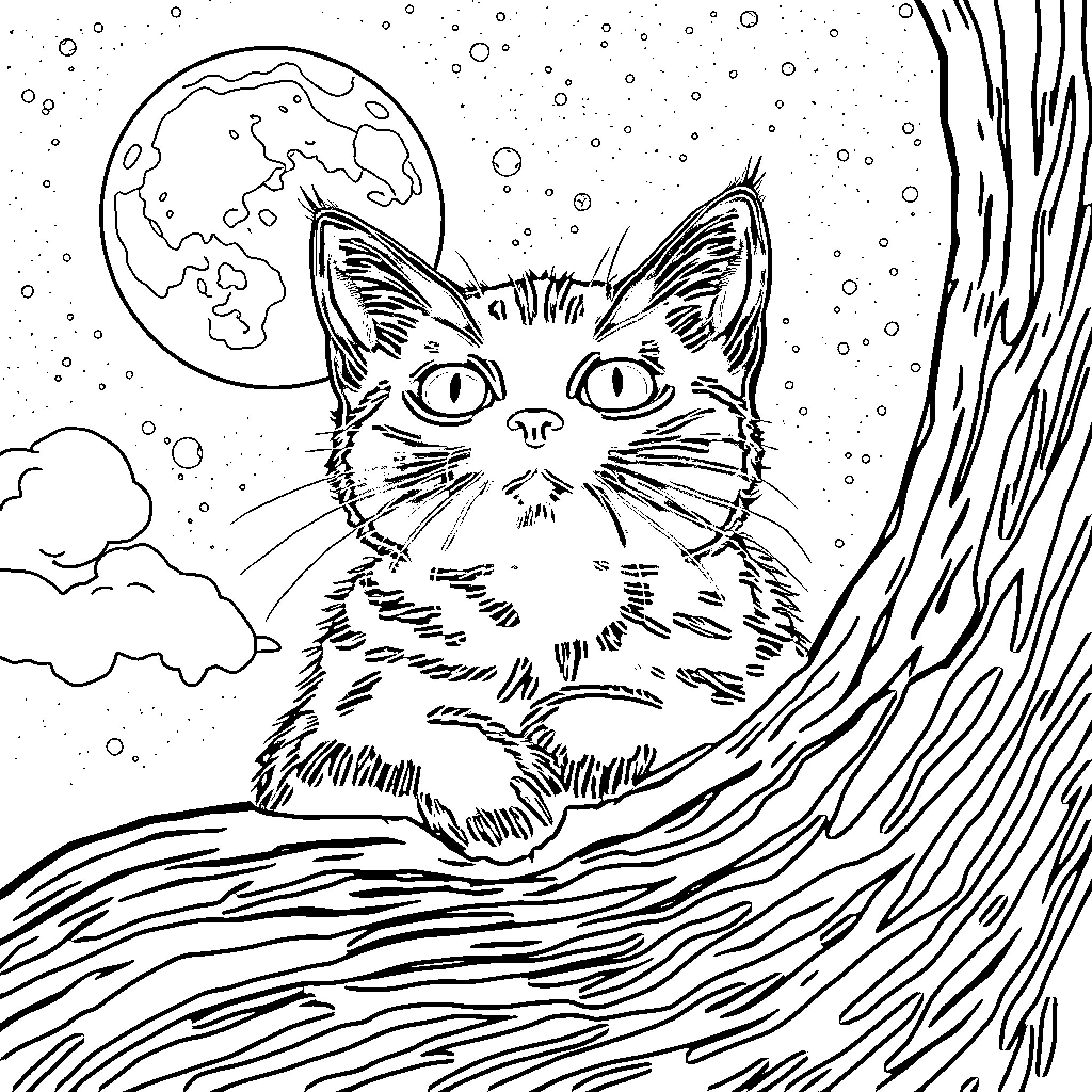 Cat gazing at the night sky Coloring Page (free black-and-white line drawing printable PDF for all, from beginners to advanced learners, including children, teens, adults, and seniors)