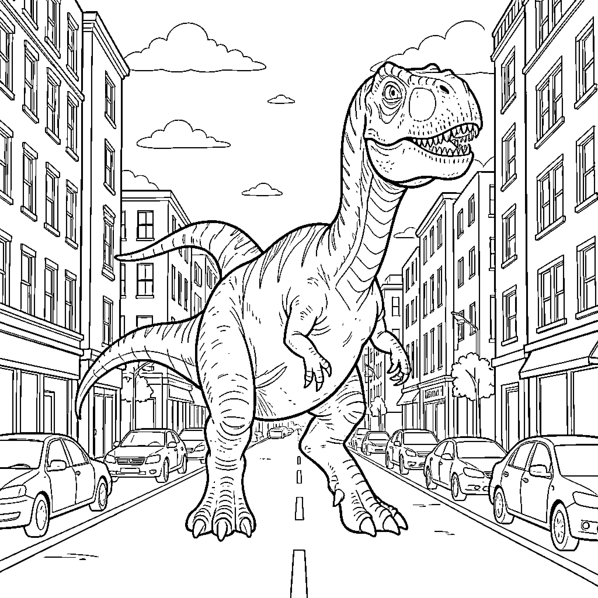 Dinosaur walking through a busy city street Coloring Page (free black-and-white line drawing printable PDF for all, from beginners to advanced learners, including children, teens, adults, and seniors)