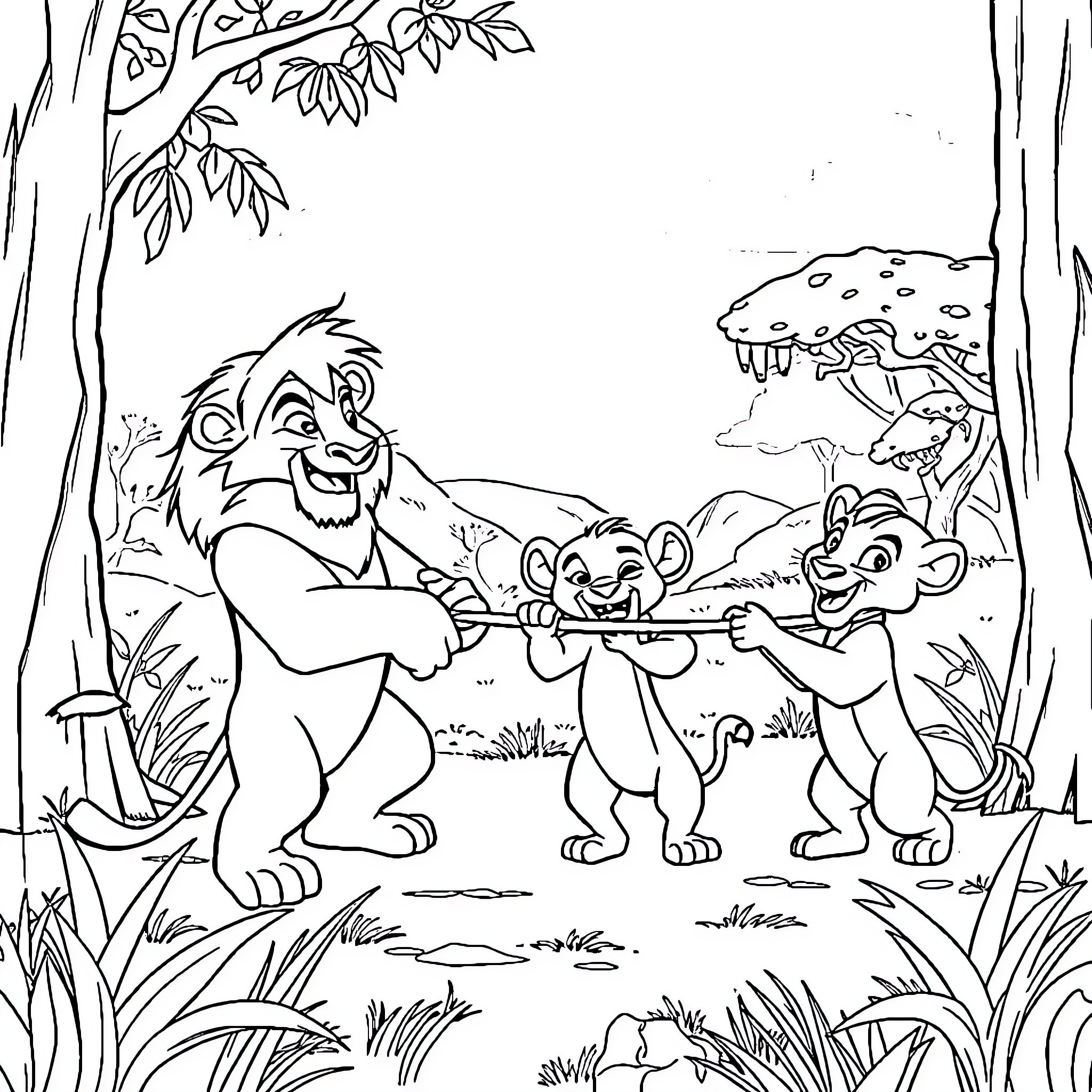 Simba and his friends explore the jungle Coloring Page (free black-and-white line drawing printable PDF for all, from beginners to advanced learners, including children, teens, adults, and seniors)