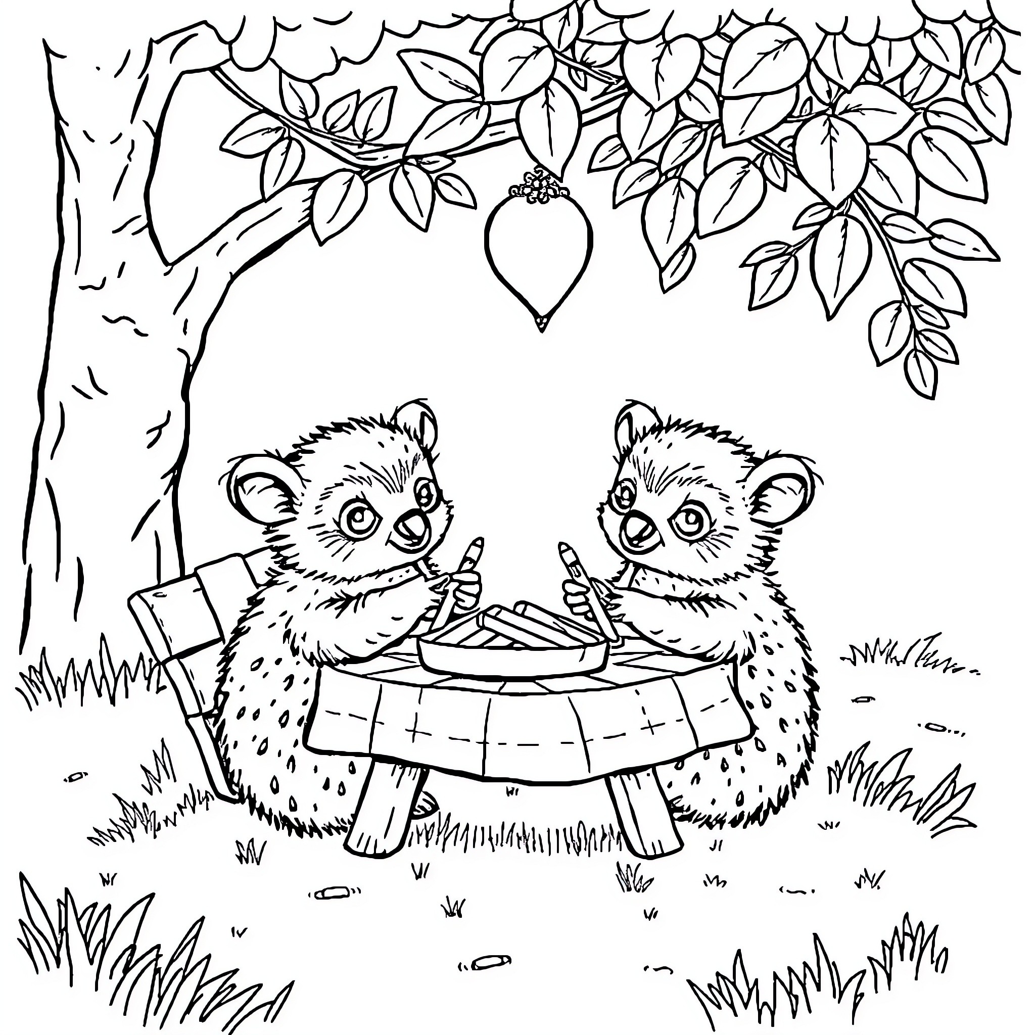 Bear cubs enjoying a picnic in the woods Coloring Page (free black-and-white line drawing printable PDF for all, from beginners to advanced learners, including children, teens, adults, and seniors)
