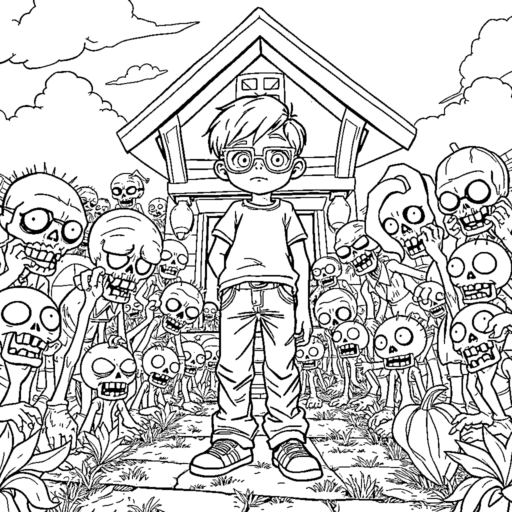 Plants vs. Zombies: Boy Surrounded by Zombies at Treehouse Coloring Page (free black-and-white line drawing printable PDF for all, from beginners to advanced learners, including children, teens, adults, and seniors)
