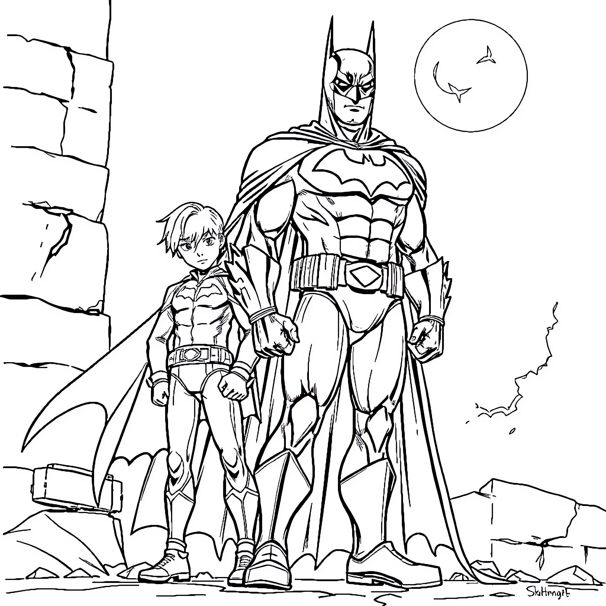 Batman and Sidekick in Heroic Stance Coloring Page (free black-and-white line drawing printable PDF for all, from beginners to advanced learners, including children, teens, adults, and seniors)
