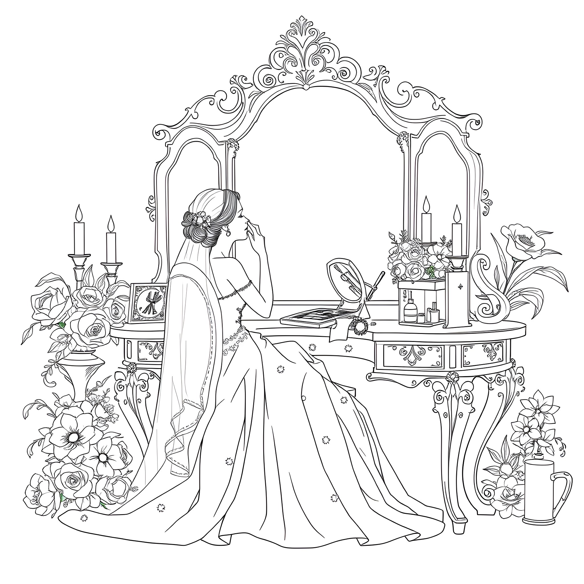 Bride admiring her reflection in a decorated mirror Coloring Page (free black-and-white line drawing printable PDF for all, from beginners to advanced learners, including children, teens, adults, and seniors)