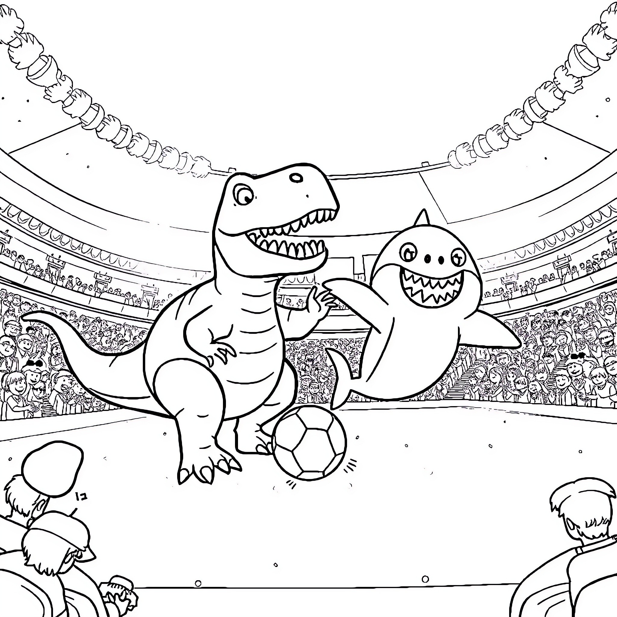 Dinosaurs playing soccer in a sports arena Coloring Page (free black-and-white line drawing printable PDF for all, from beginners to advanced learners, including children, teens, adults, and seniors)