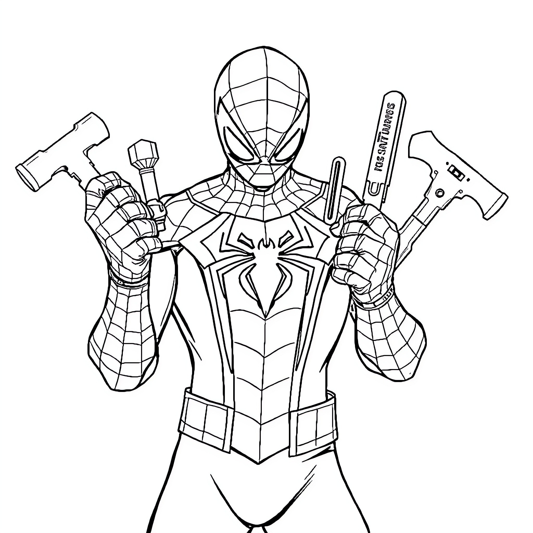 Spiderman equipped with tools and weapons Coloring Page (free black-and-white line drawing printable PDF for all, from beginners to advanced learners, including children, teens, adults, and seniors)