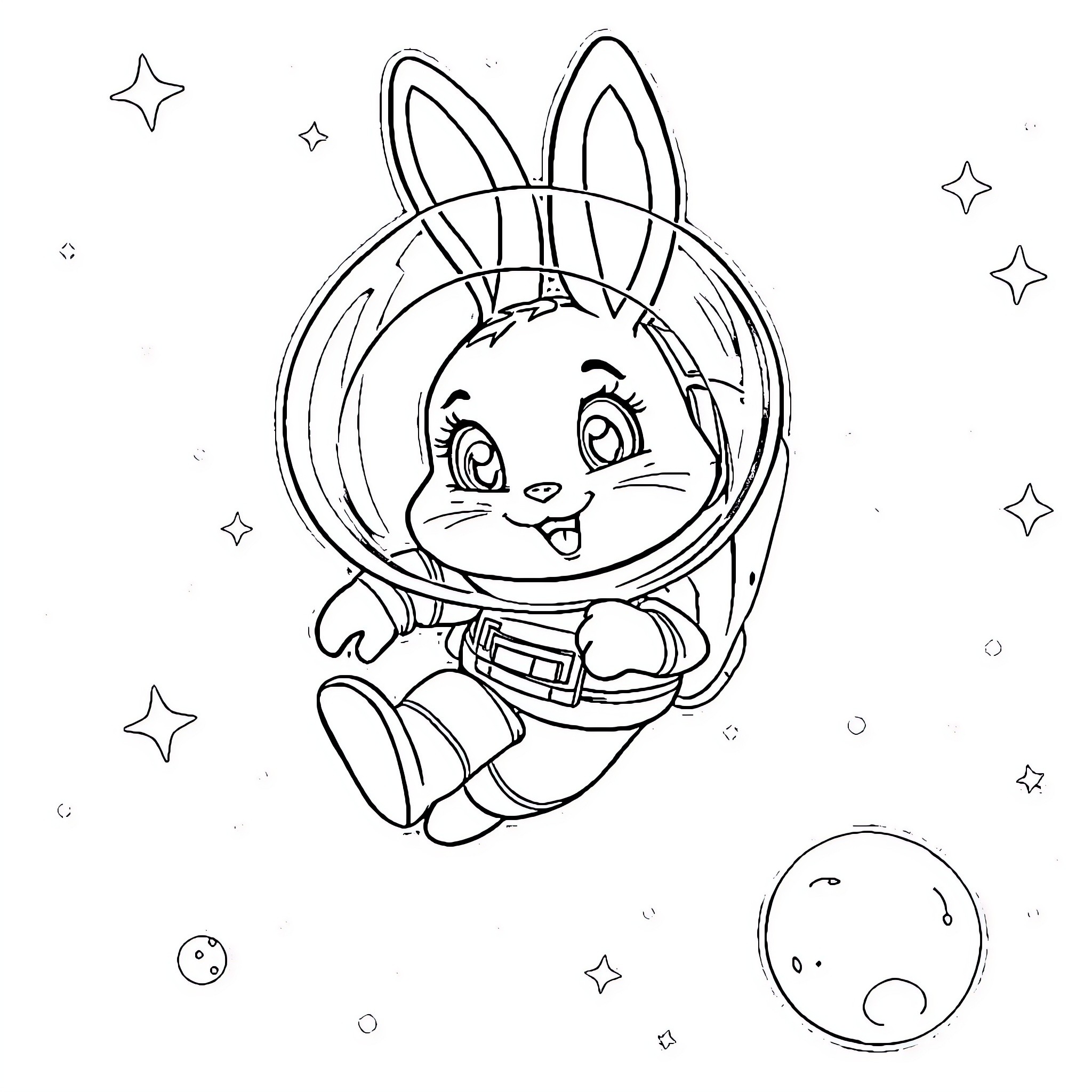 Judy Hopps Exploring the Cosmos in Astronaut Gear Coloring Page (free black-and-white line drawing printable PDF for all, from beginners to advanced learners, including children, teens, adults, and seniors)