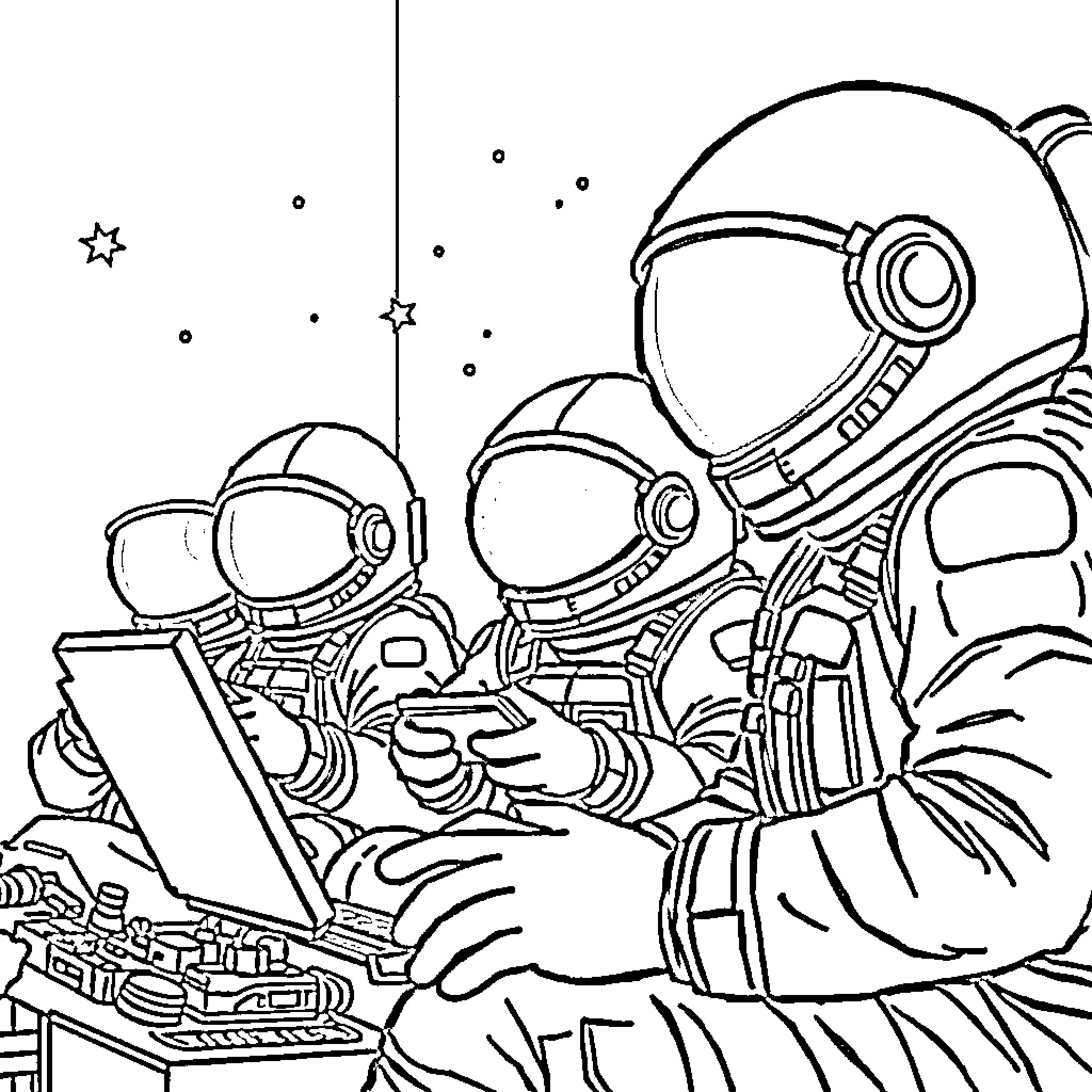 Among Us Astronauts Exploring the Cosmos Coloring Page (free black-and-white line drawing printable PDF for all, from beginners to advanced learners, including children, teens, adults, and seniors)