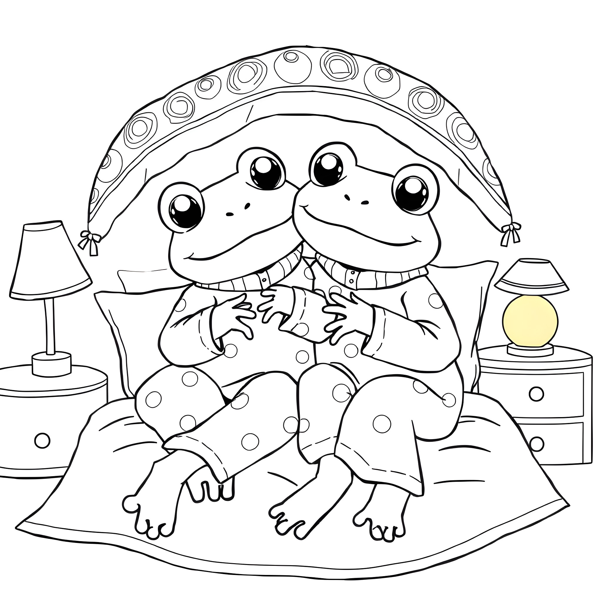 Frog friends relaxing on cozy bedding Coloring Page (free black-and-white line drawing printable PDF for all, from beginners to advanced learners, including children, teens, adults, and seniors)