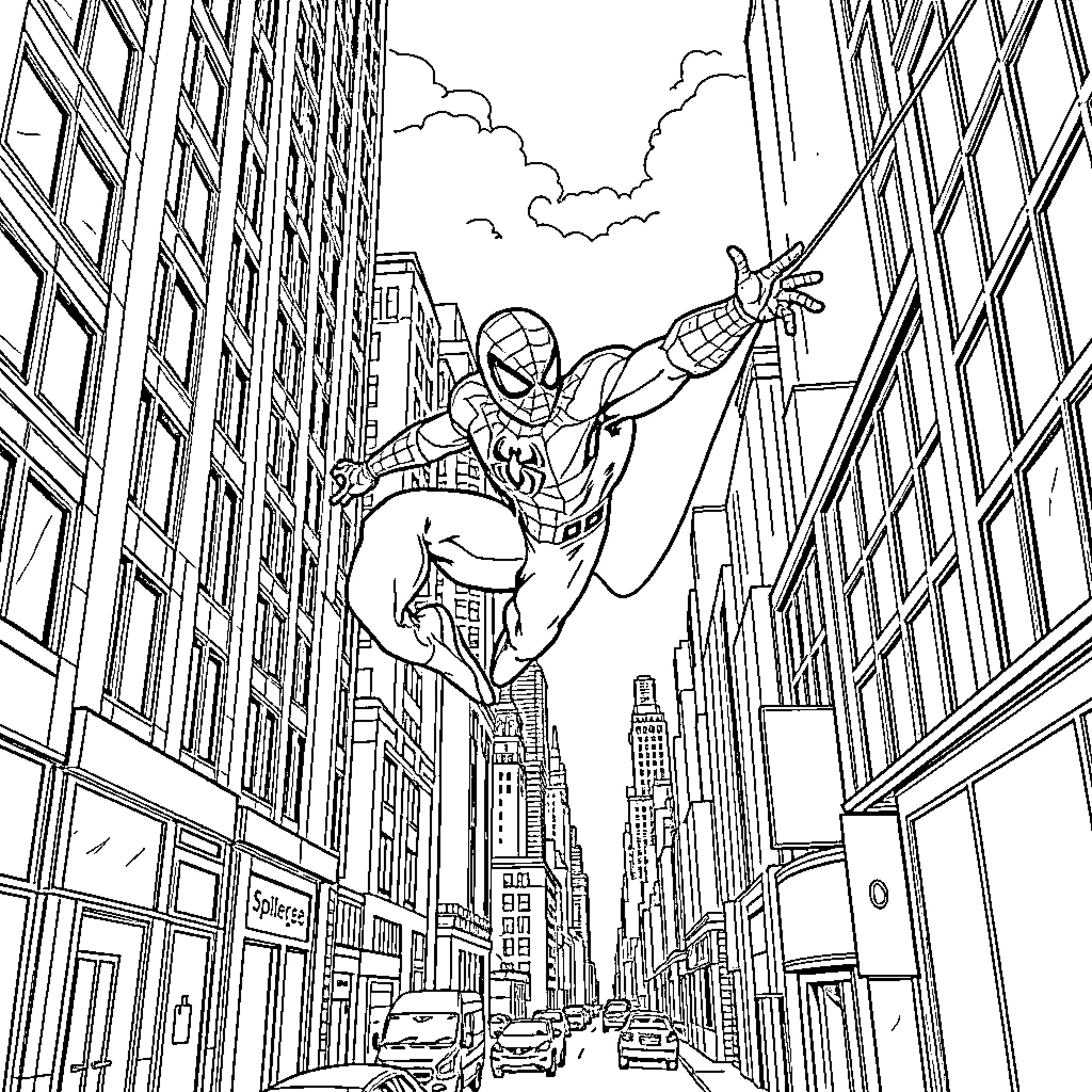 Spiderman swinging through the busy city streets Coloring Page (free black-and-white line drawing printable PDF for all, from beginners to advanced learners, including children, teens, adults, and seniors)