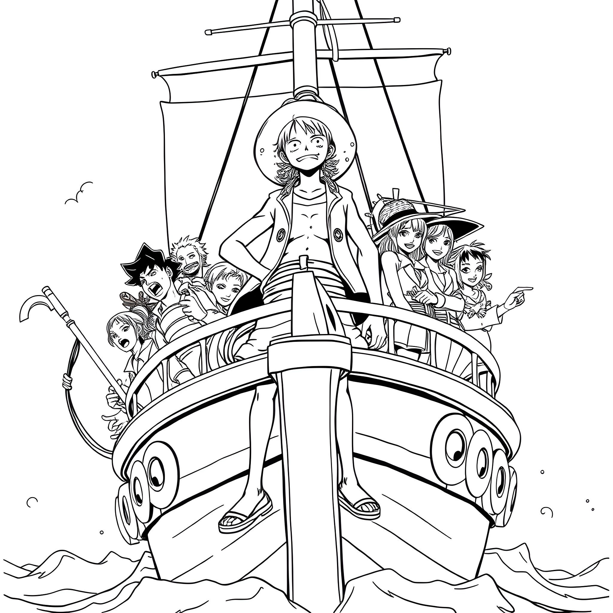 Monkey D Luffy leading a crew on a pirate ship adventure Coloring Page (free black-and-white line drawing printable PDF for all, from beginners to advanced learners, including children, teens, adults, and seniors)