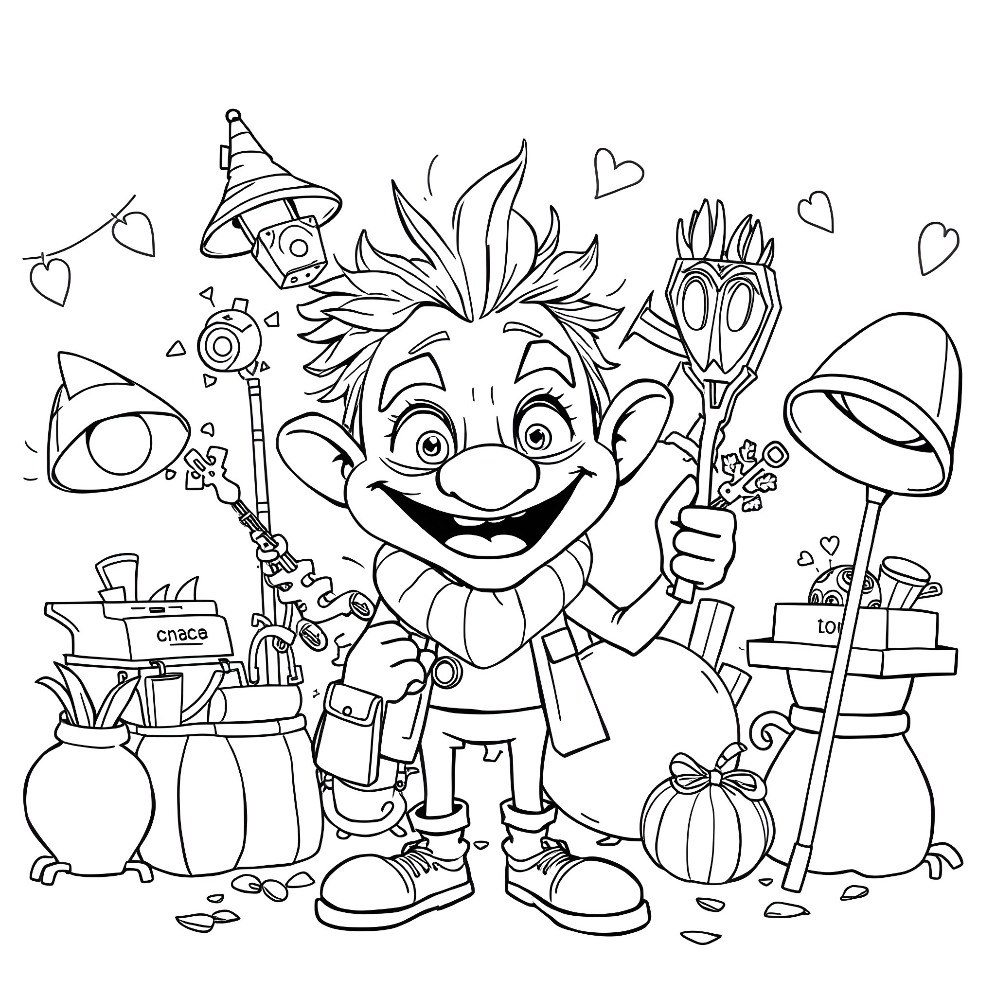 Bird Creature with Colorful Tools and Accessories Coloring Page (free black-and-white line drawing printable PDF for all, from beginners to advanced learners, including children, teens, adults, and seniors)