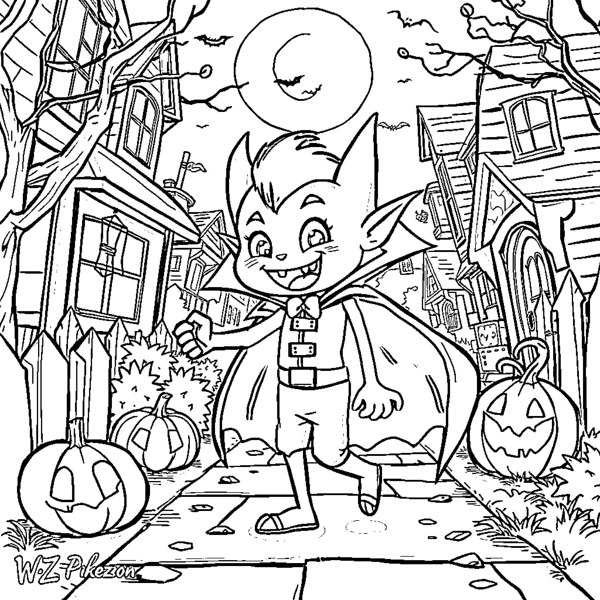Bluey's Spooky Halloween Adventure Coloring Page (free black-and-white line drawing printable PDF for all, from beginners to advanced learners, including children, teens, adults, and seniors)