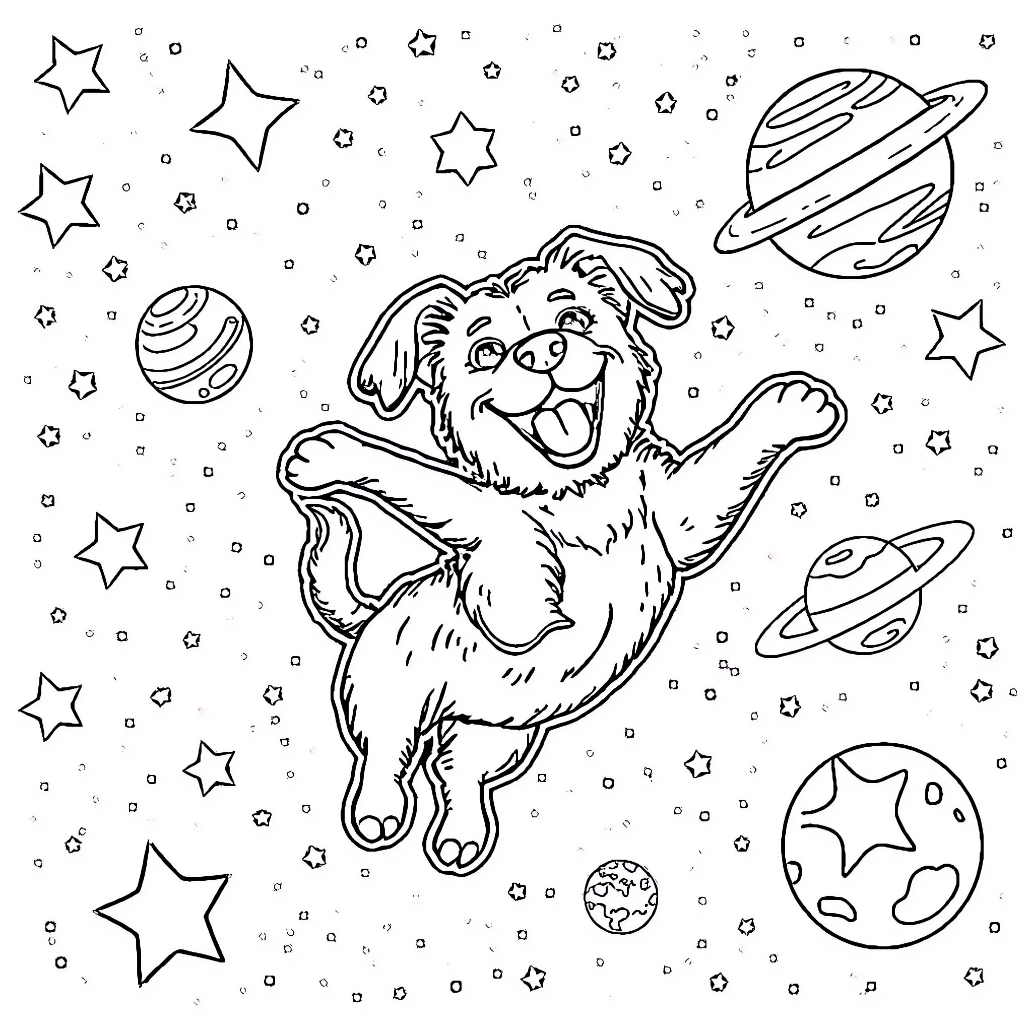 Dog exploring the cosmic universe Coloring Page (free black-and-white line drawing printable PDF for all, from beginners to advanced learners, including children, teens, adults, and seniors)