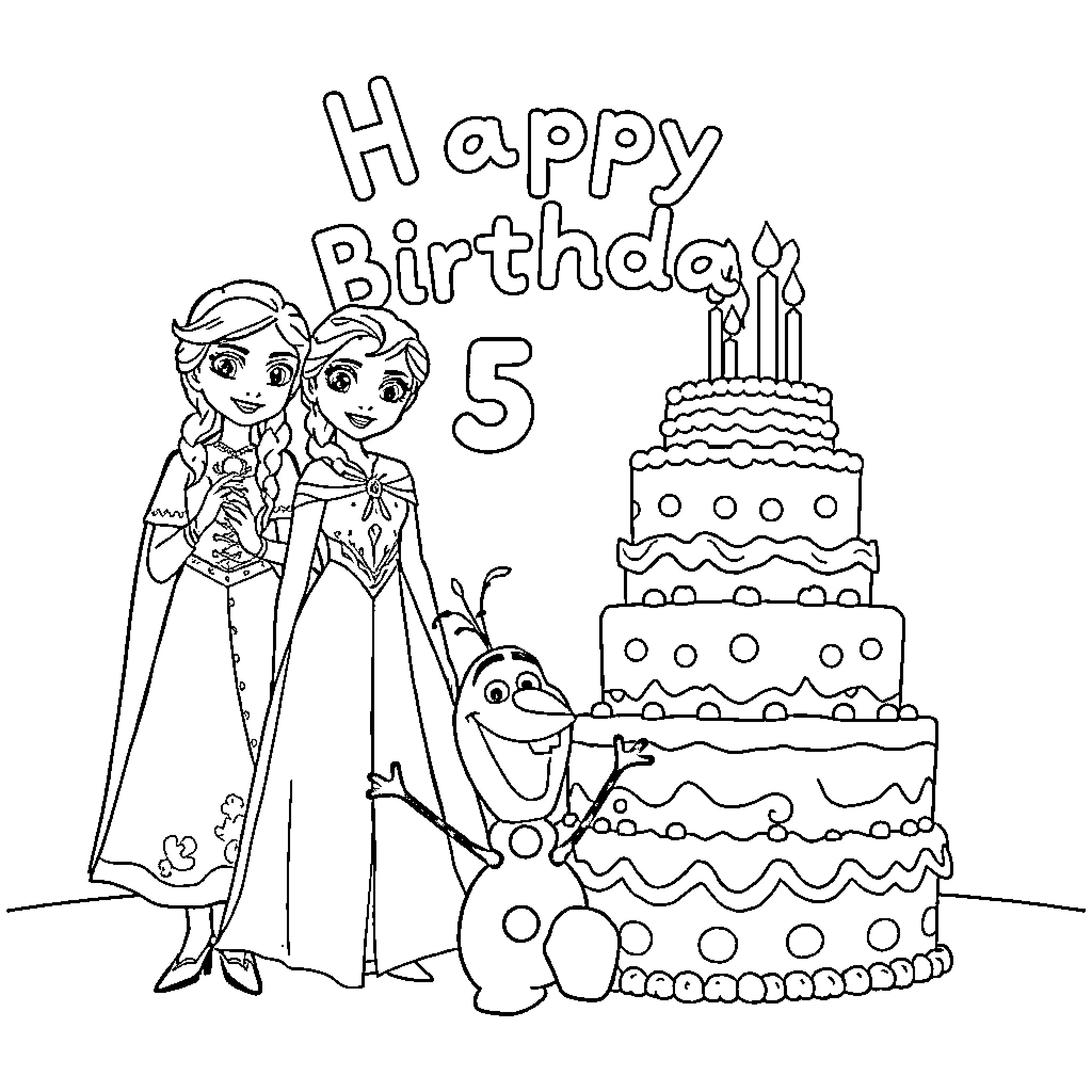 Frozen characters celebrating 5th birthday with cake Coloring Page (free black-and-white line drawing printable PDF for all, from beginners to advanced learners, including children, teens, adults, and seniors)