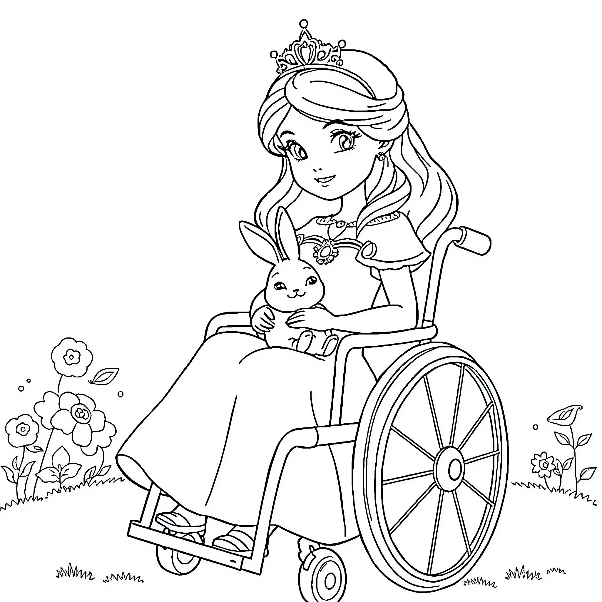 Princess in Wheelchair with Rabbit Coloring Page (free black-and-white line drawing printable PDF for all, from beginners to advanced learners, including children, teens, adults, and seniors)