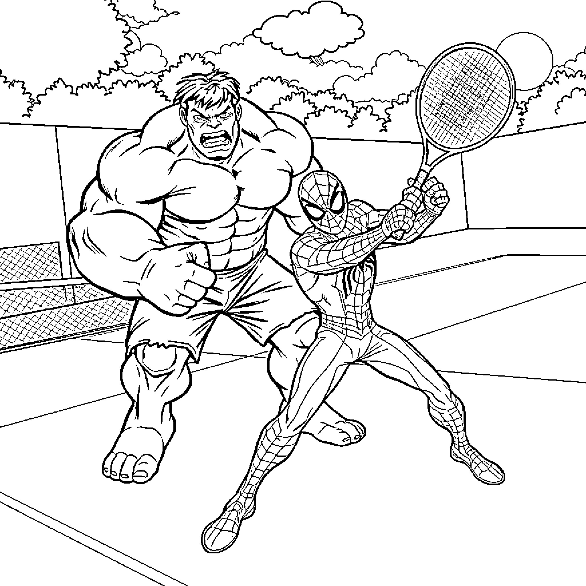 Spider-Man's Showdown with a Powerful Foe Coloring Page (free black-and-white line drawing printable PDF for all, from beginners to advanced learners, including children, teens, adults, and seniors)