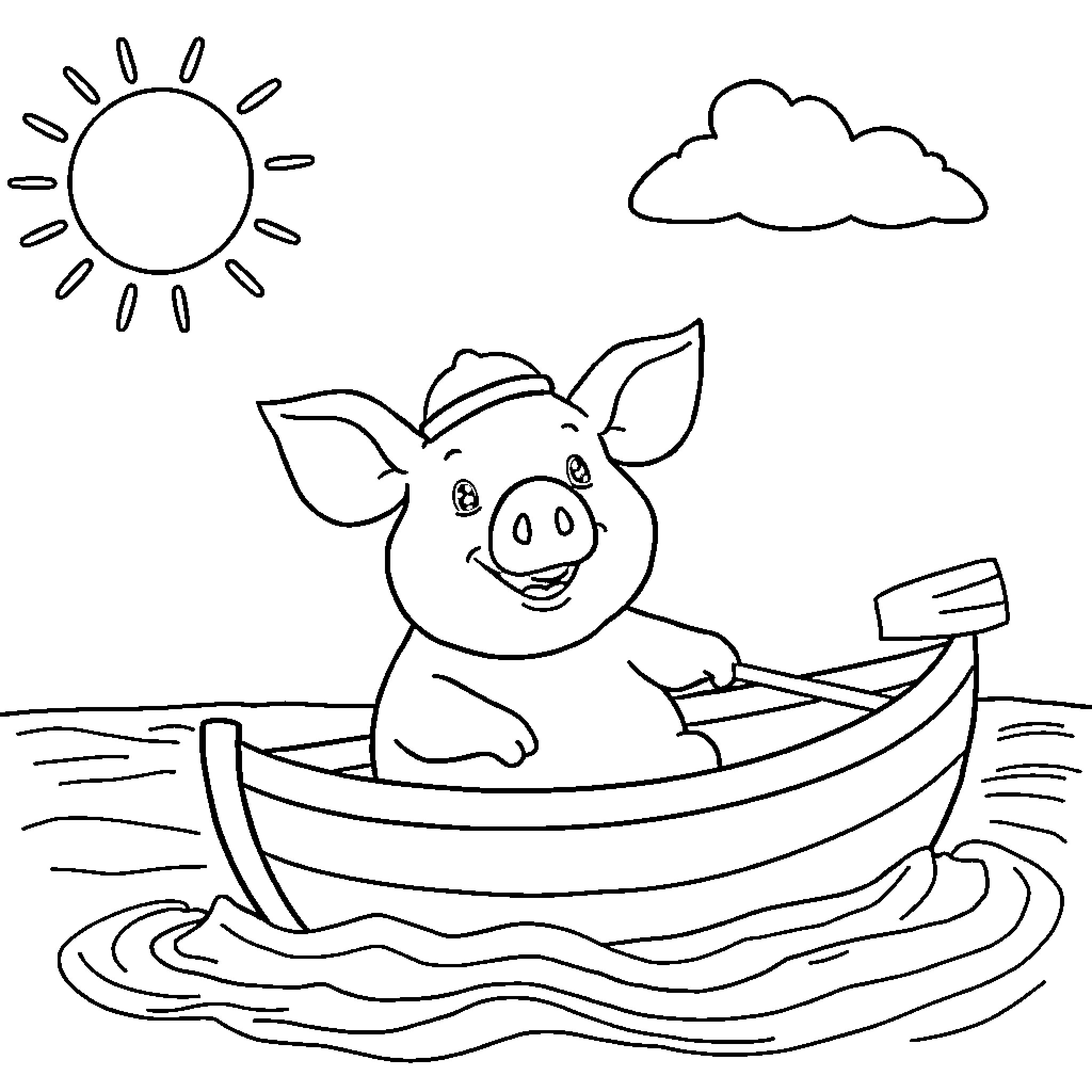 Pig sailing happily in a boat on the water Coloring Page (free black-and-white line drawing printable PDF for all, from beginners to advanced learners, including children, teens, adults, and seniors)