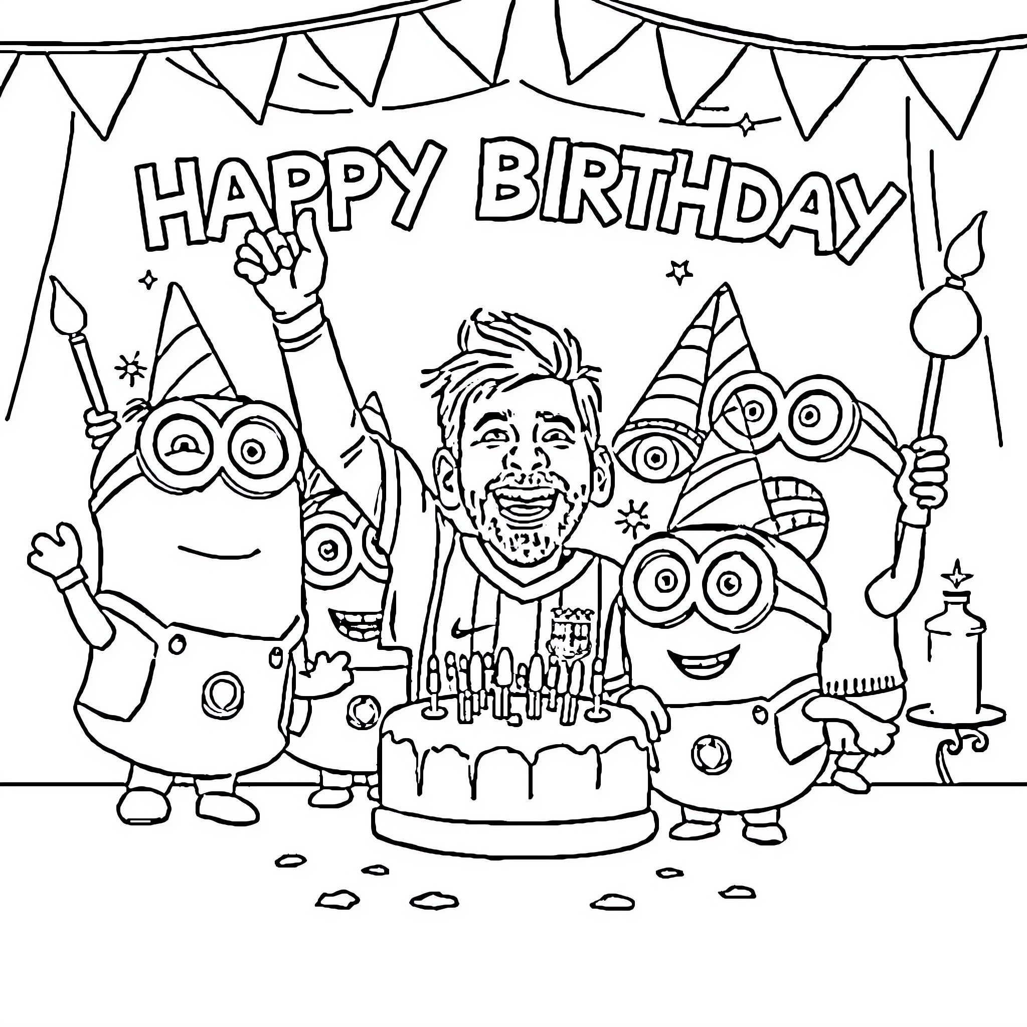 Messi celebrates a happy birthday with Minions Coloring Page (free black-and-white line drawing printable PDF for all, from beginners to advanced learners, including children, teens, adults, and seniors)