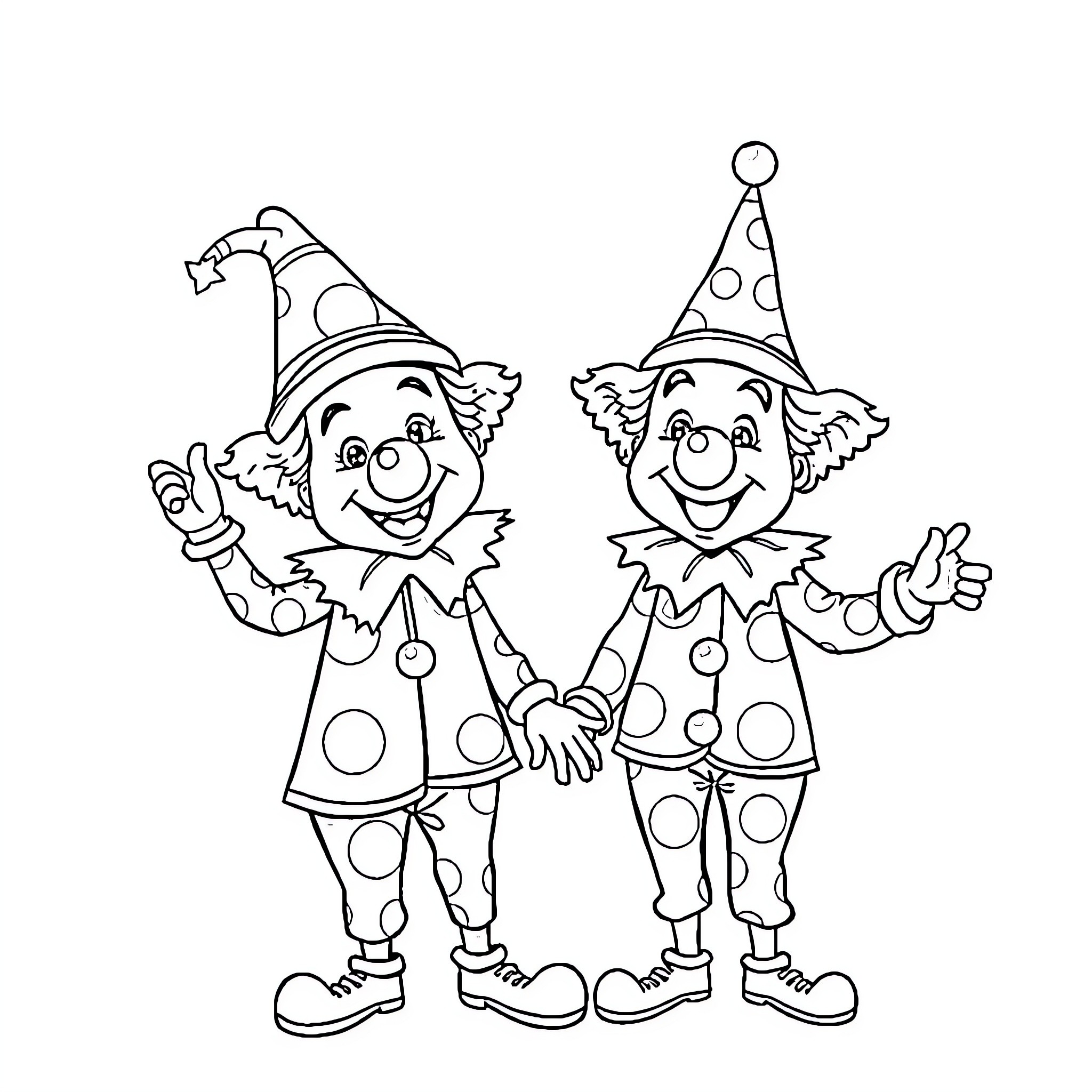 Clowns performing joyful expressions and poses Coloring Page (free black-and-white line drawing printable PDF for all, from beginners to advanced learners, including children, teens, adults, and seniors)