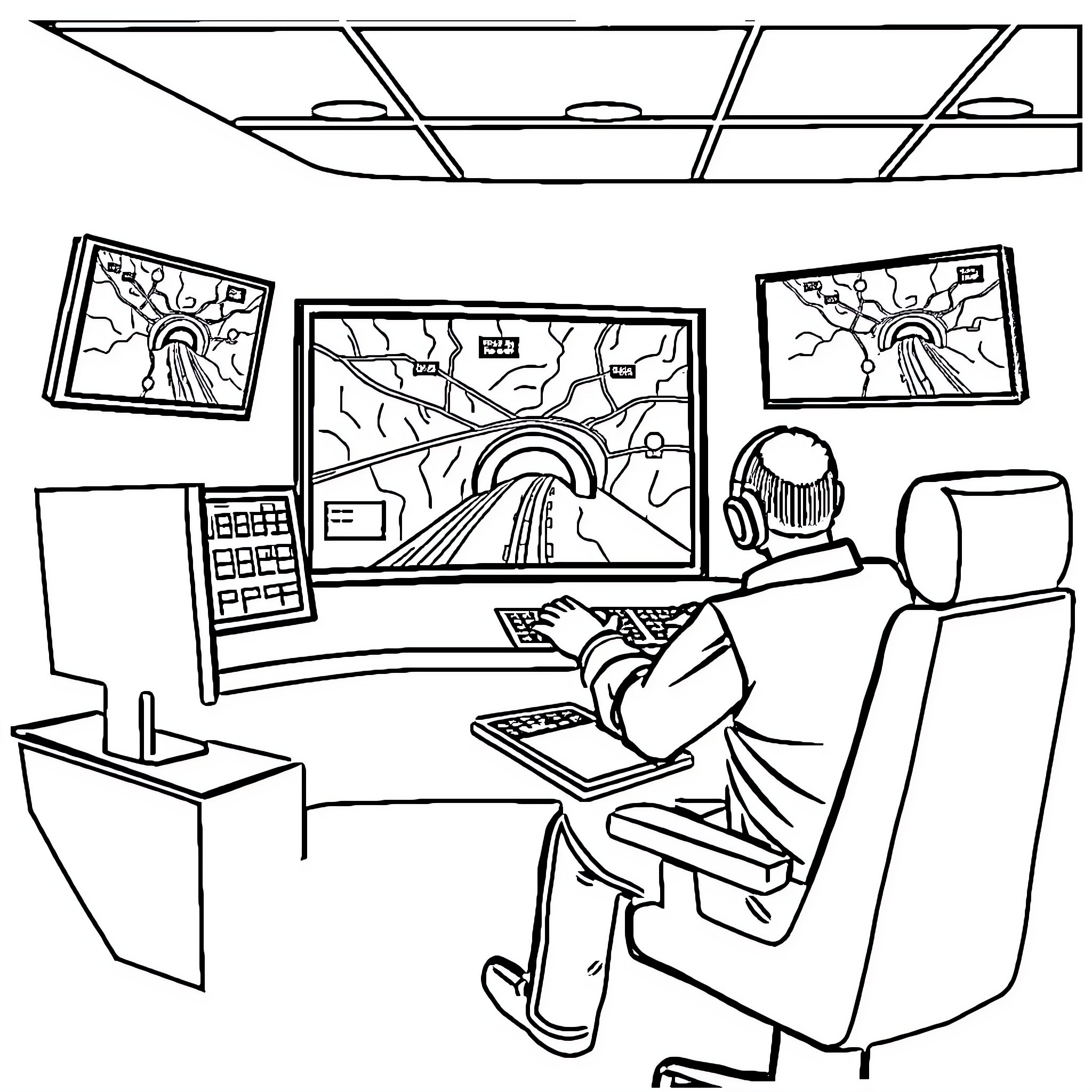 Control Room with Monitoring Screens and Operators Coloring Page (free black-and-white line drawing printable PDF for all, from beginners to advanced learners, including children, teens, adults, and seniors)