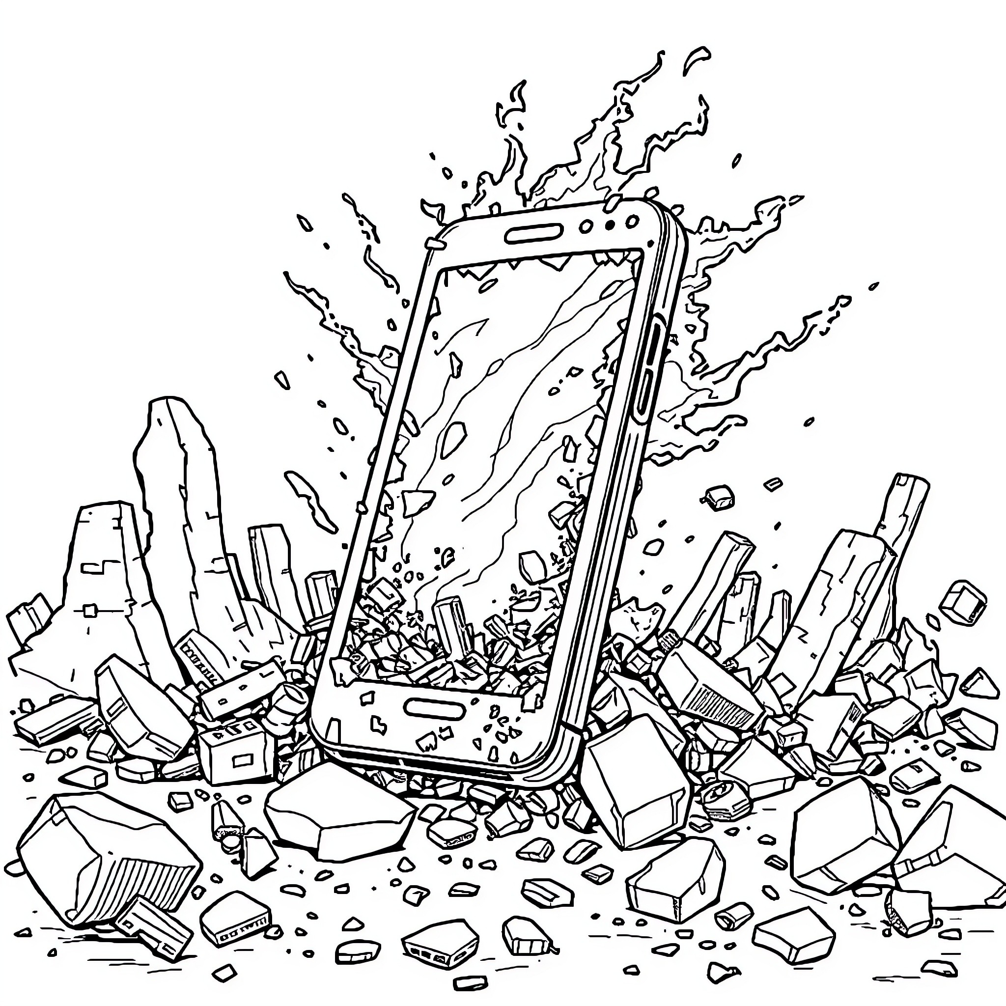 Phone surrounded by shattered glass and debris Coloring Page (free black-and-white line drawing printable PDF for all, from beginners to advanced learners, including children, teens, adults, and seniors)
