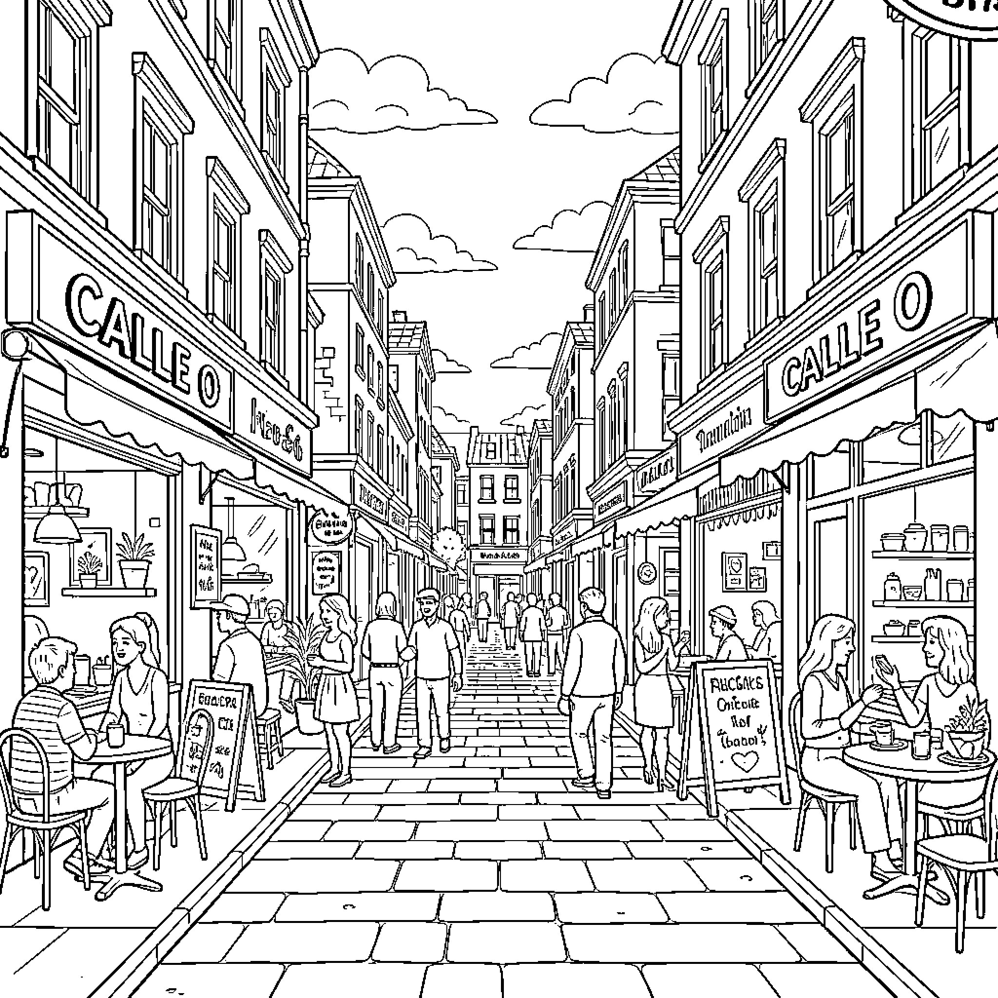 Calle with people walking and sitting in shops Coloring Page (free black-and-white line drawing printable PDF for all, from beginners to advanced learners, including children, teens, adults, and seniors)