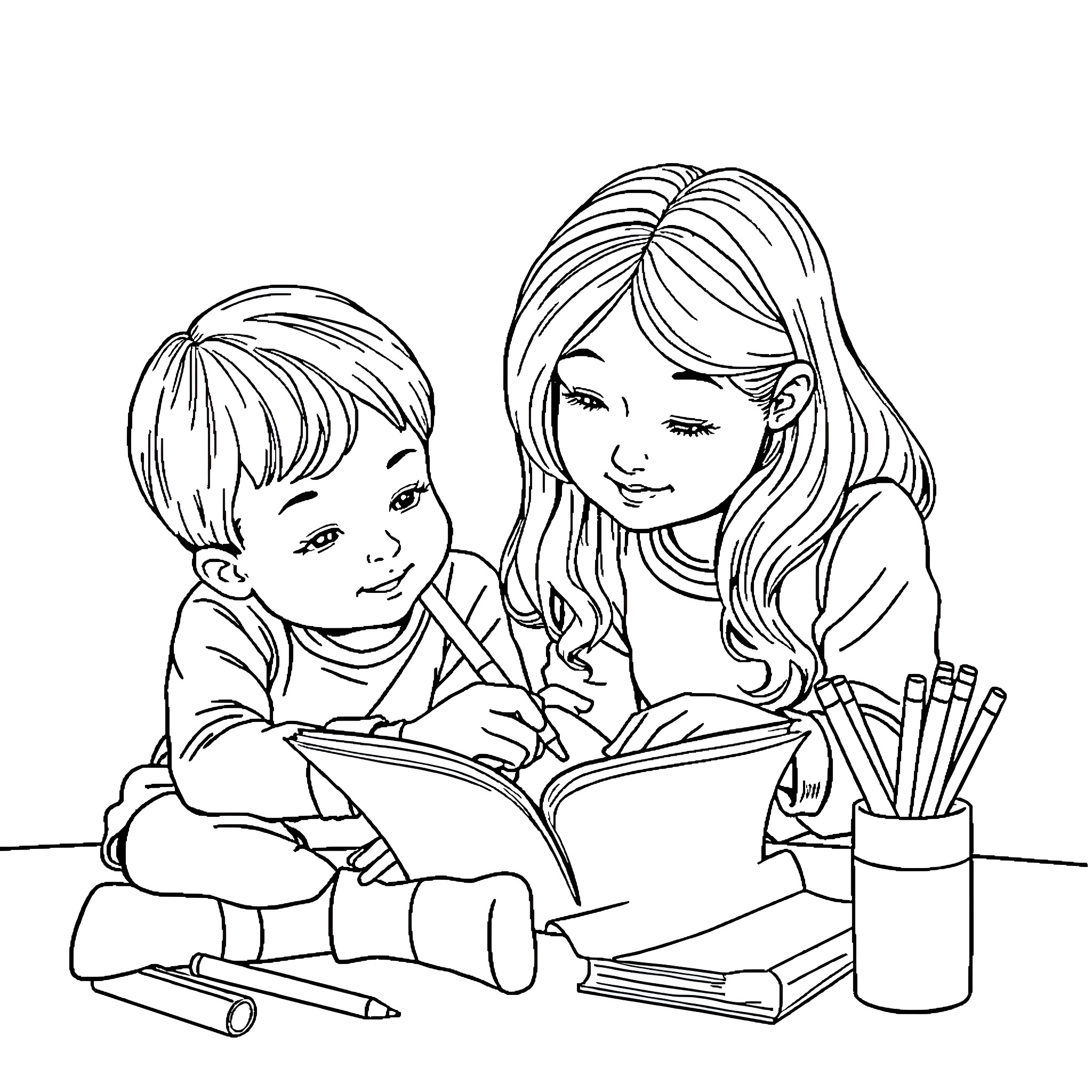 Sister studying together happily Coloring Page (free black-and-white line drawing printable PDF for all, from beginners to advanced learners, including children, teens, adults, and seniors)