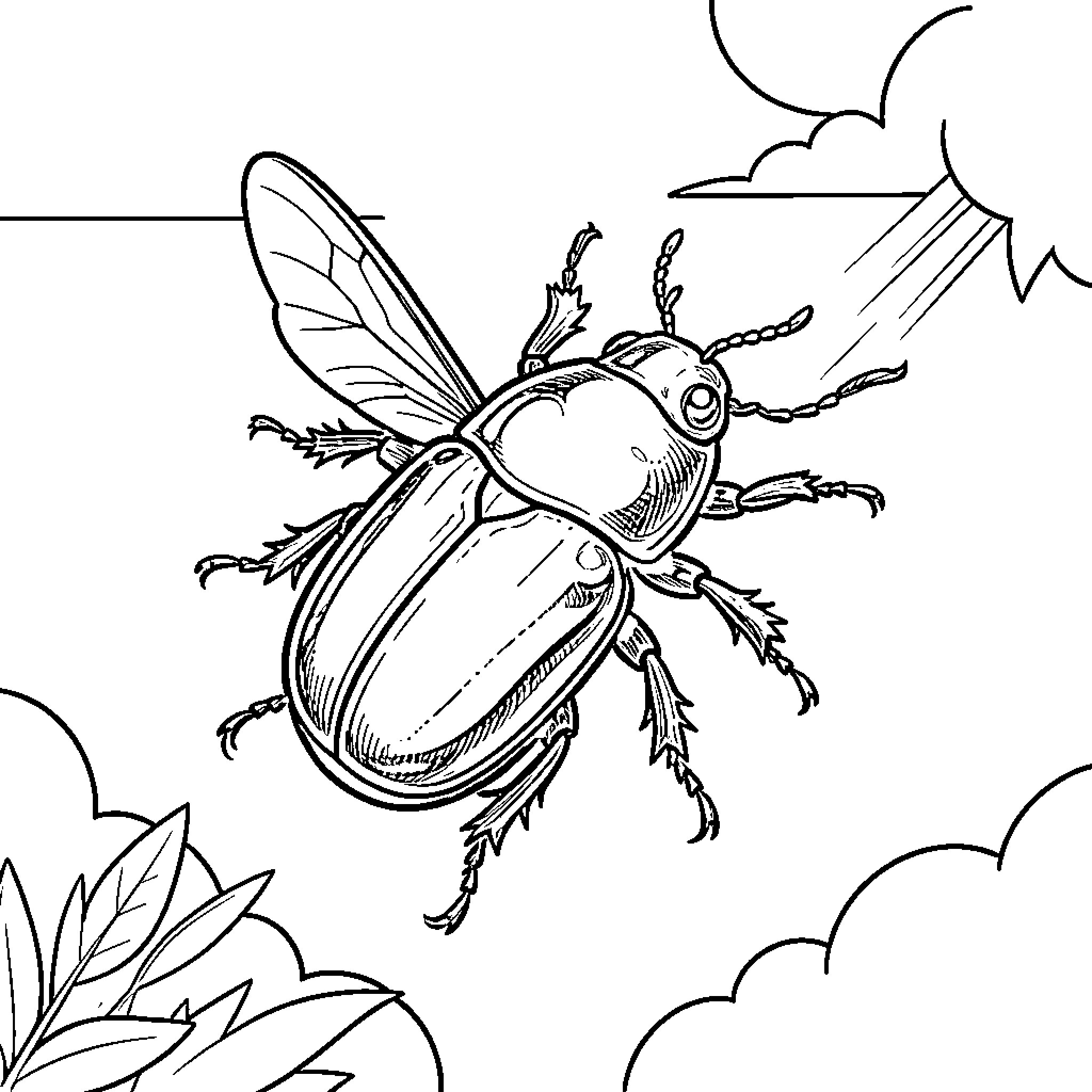 Beetle soaring against a cloudy sky Coloring Page (free black-and-white line drawing printable PDF for all, from beginners to advanced learners, including children, teens, adults, and seniors)
