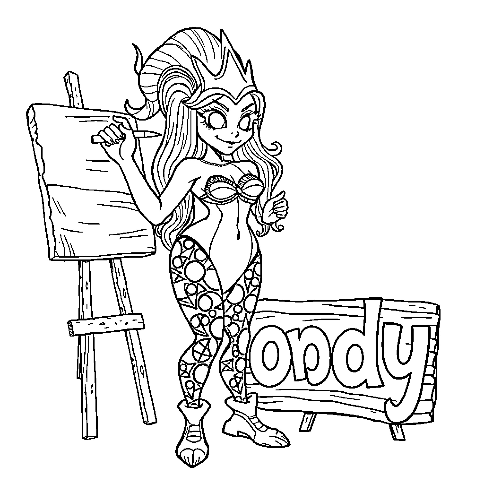 Siren Head Artist Painting a Monstrous Portrait Coloring Page (free black-and-white line drawing printable PDF for all, from beginners to advanced learners, including children, teens, adults, and seniors)