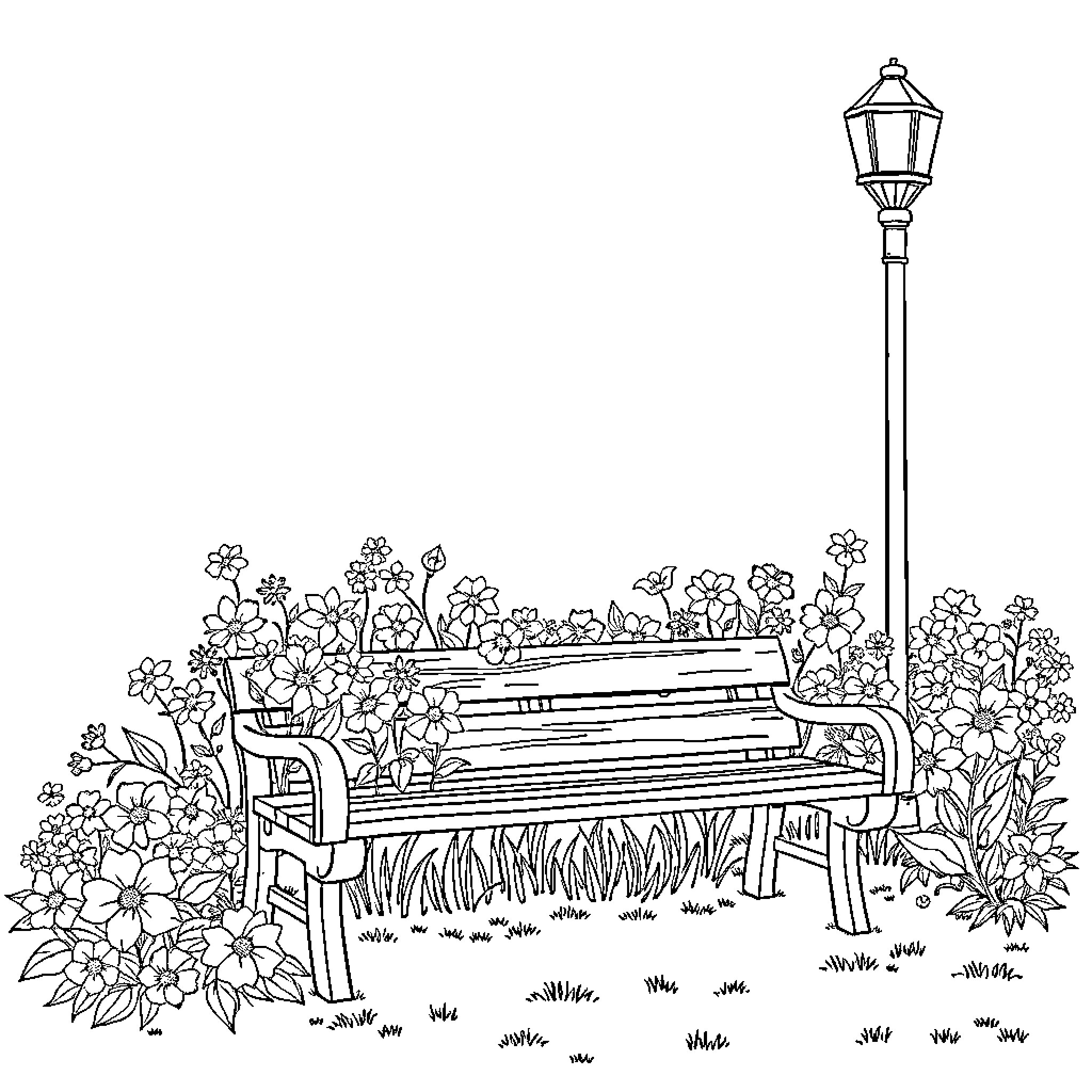 Flower-filled park bench with vintage street lamp Coloring Page (free black-and-white line drawing printable PDF for all, from beginners to advanced learners, including children, teens, adults, and seniors)