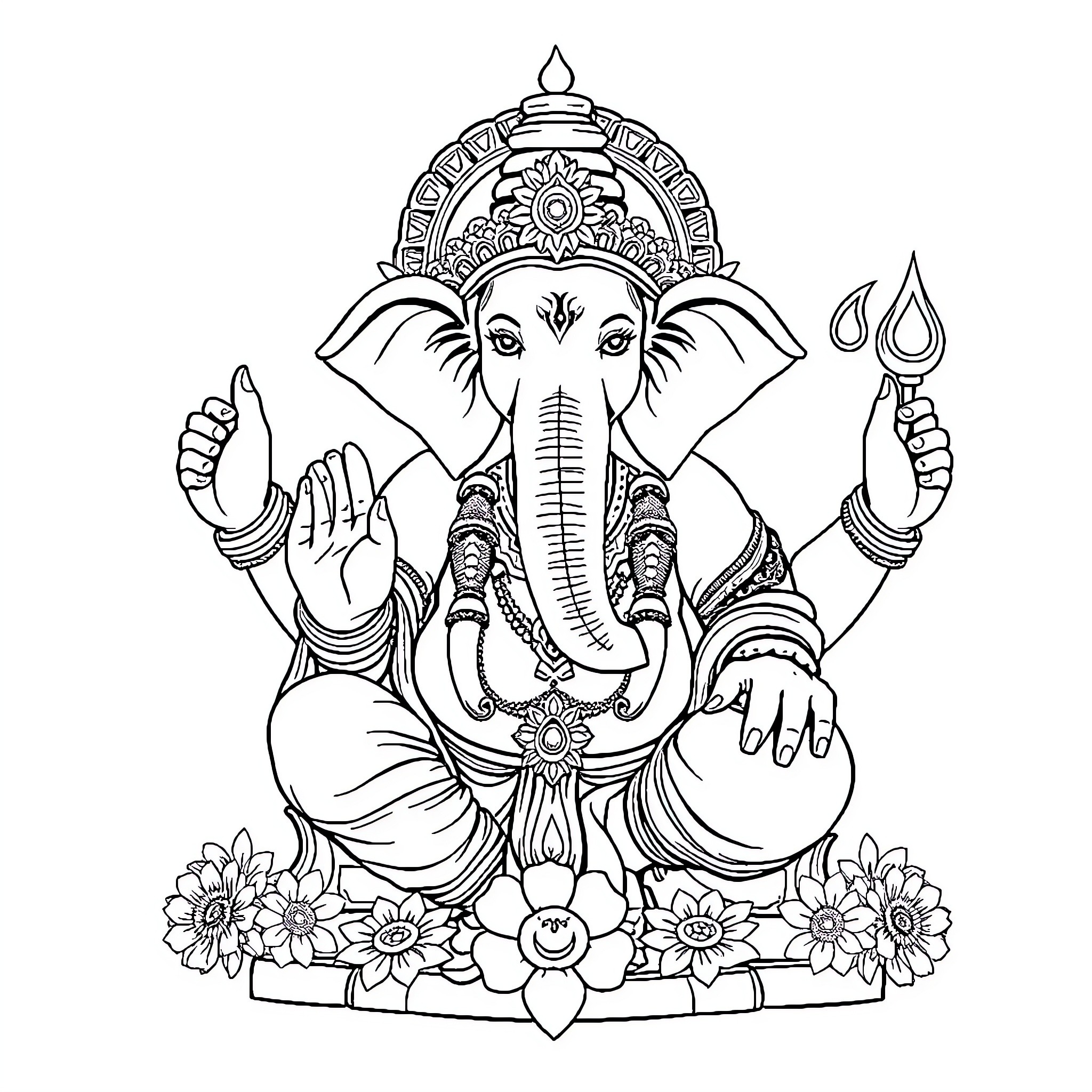 Ganapati, the Elephant-Headed Deity, in Ceremonial Pose Coloring Page (free black-and-white line drawing printable PDF for all, from beginners to advanced learners, including children, teens, adults, and seniors)
