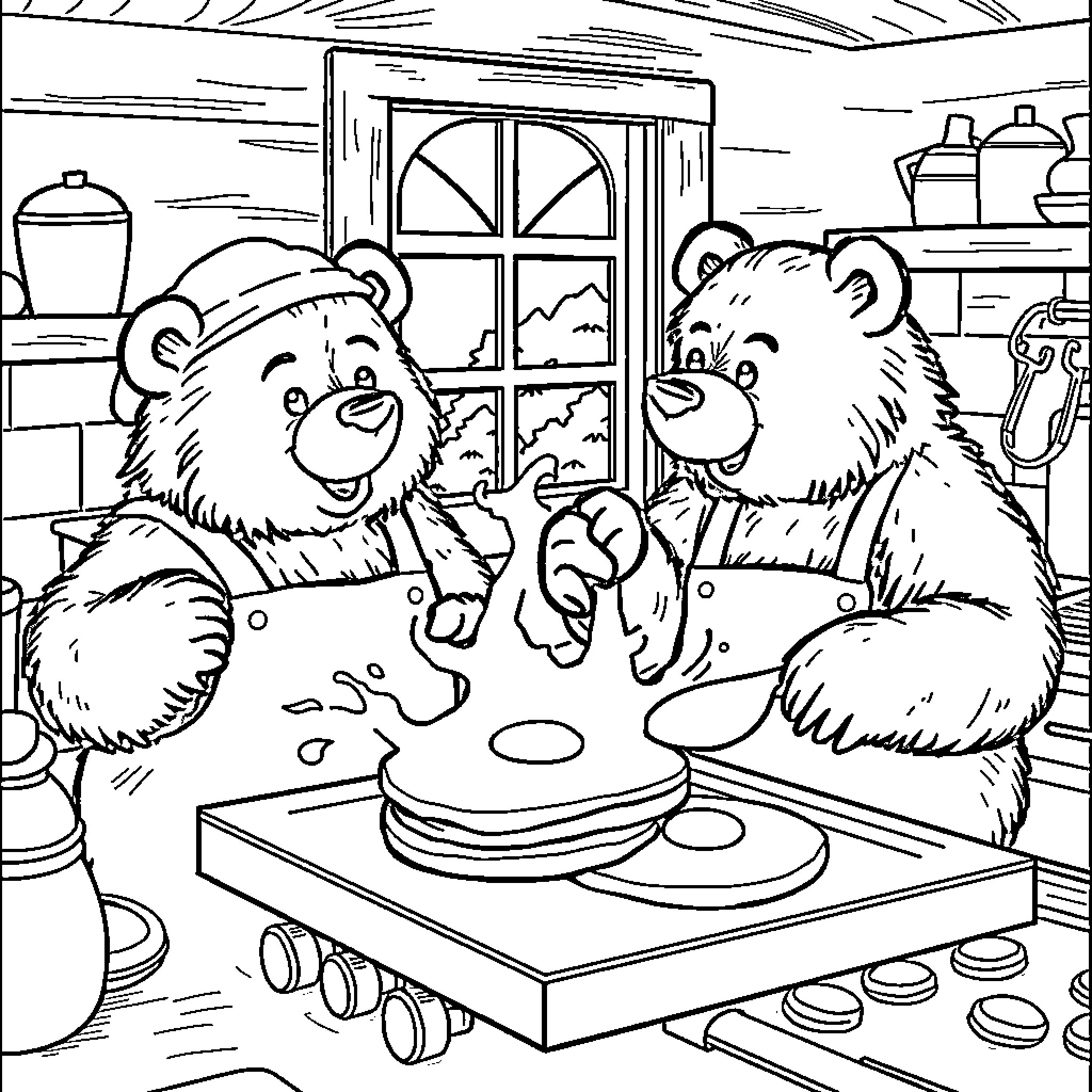 Bears cooking together in a cozy kitchen Coloring Page (free black-and-white line drawing printable PDF for all, from beginners to advanced learners, including children, teens, adults, and seniors)