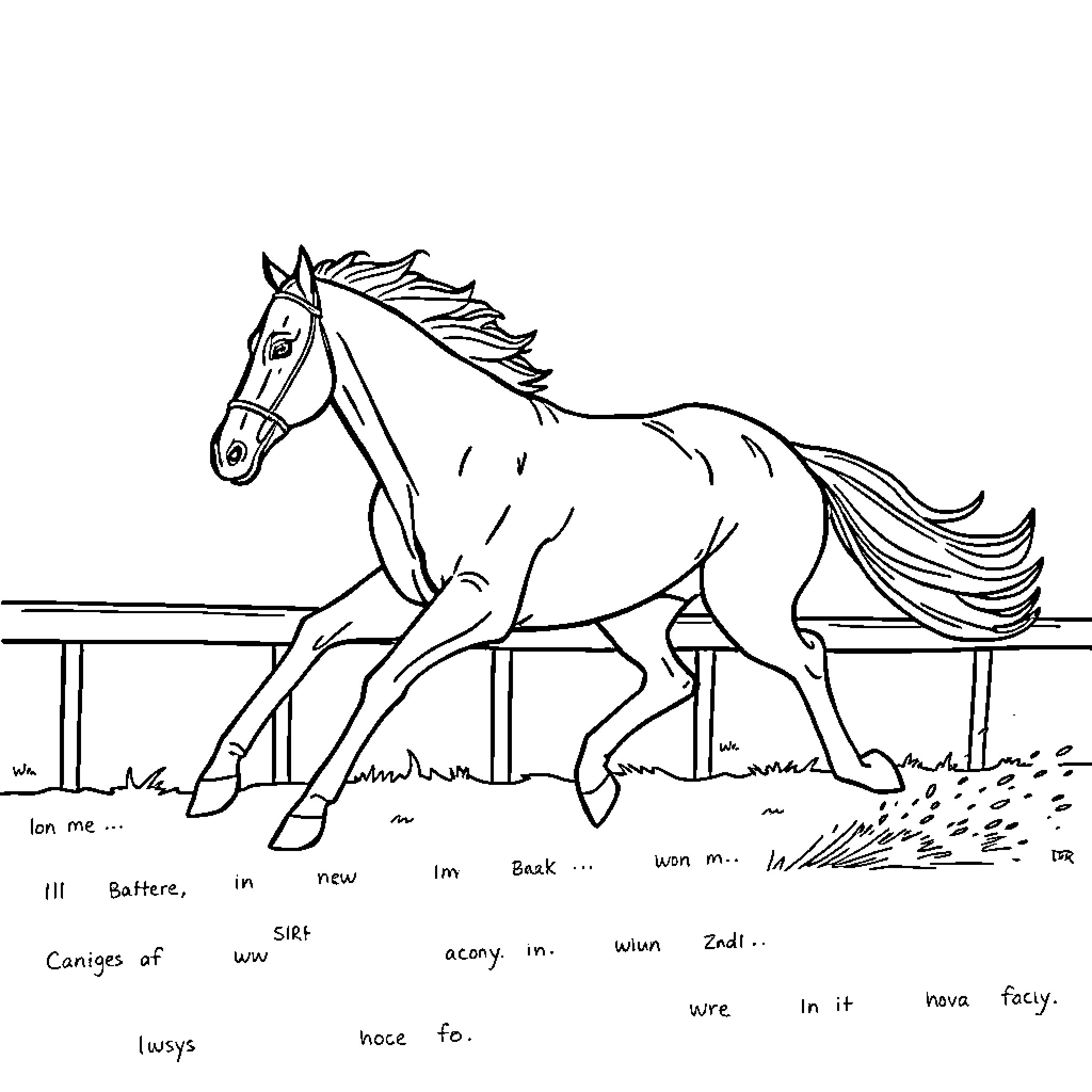 Horse running freely in the field Coloring Page (free black-and-white line drawing printable PDF for all, from beginners to advanced learners, including children, teens, adults, and seniors)