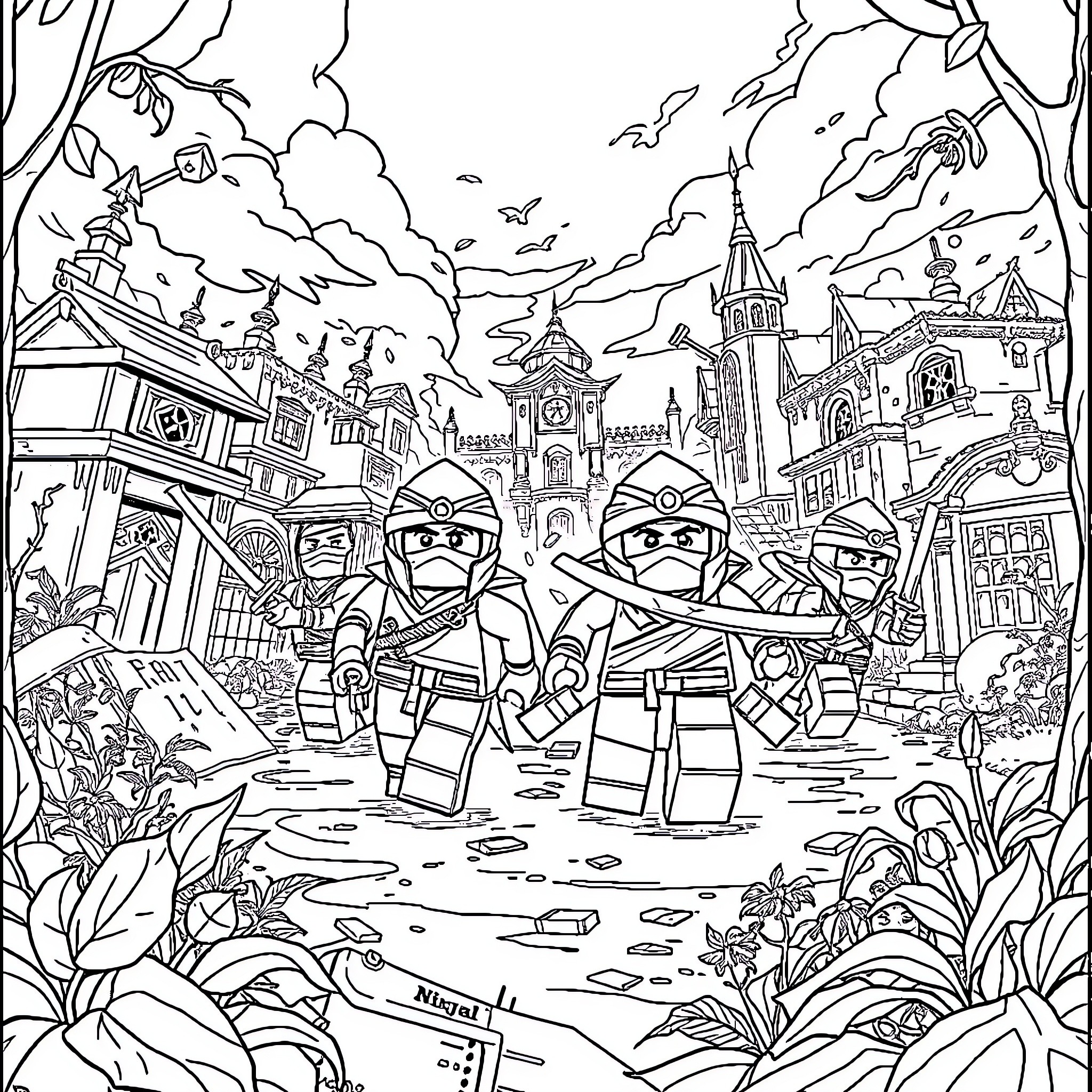 Ninjago warriors in a mystical city Coloring Page (free black-and-white line drawing printable PDF for all, from beginners to advanced learners, including children, teens, adults, and seniors)